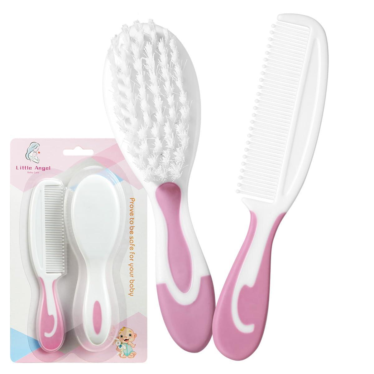 Little Angel Baby Hair Brush and Comb Sets, New Born Baby Hair Brushes, Perfect Baby Registry Gift for Newborns(Pink)
