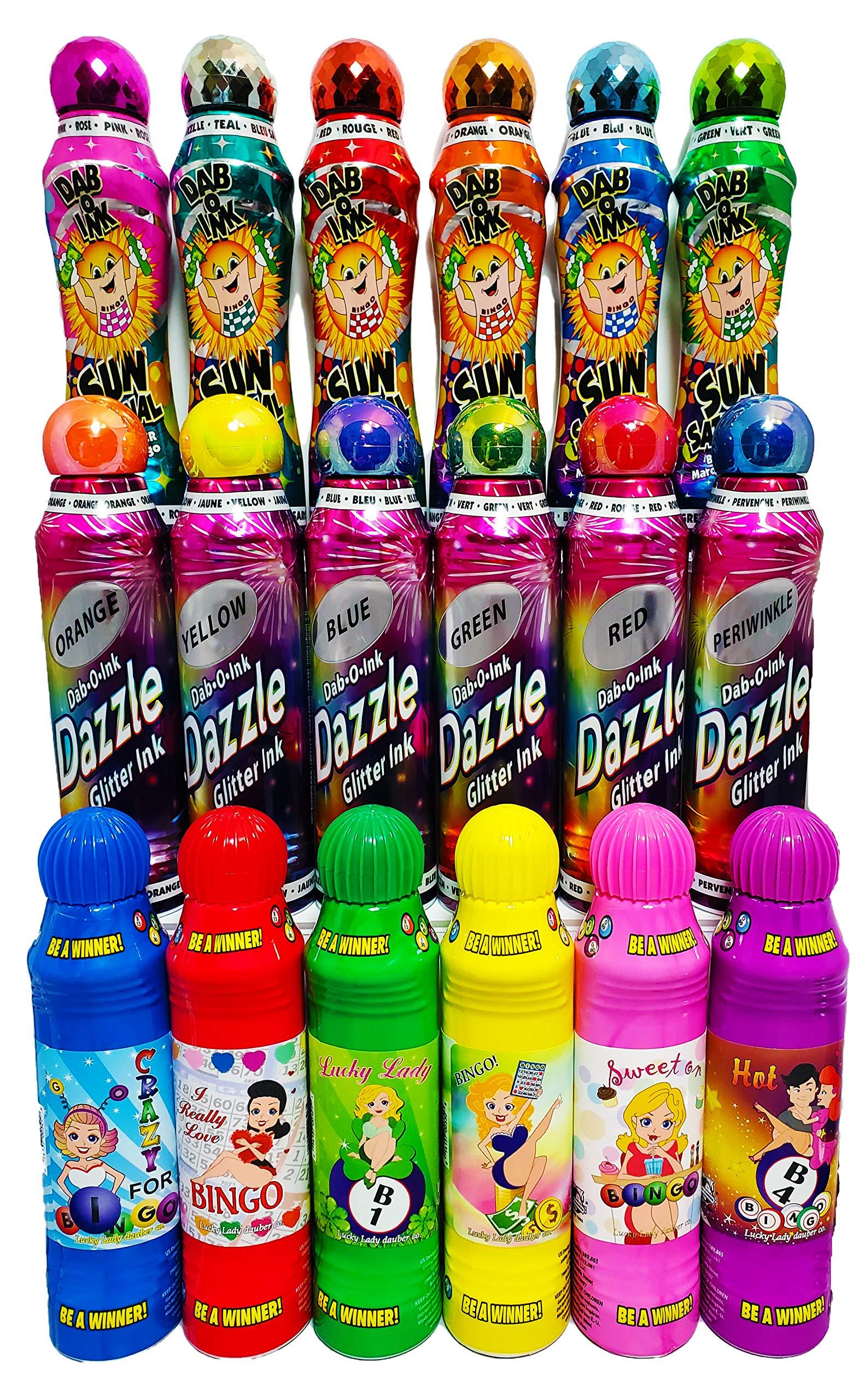 LUCKY LADY DAUBER CO Lucky Lady Bingo Daubers with Dab-O-Ink Dazzle Glitter and Sunsational Combo Gift Set 3 oz. 18 Pack, Versatile Bingo Ink Daubers - Bingo Markers and Bingo Stampers for Adults and Kids
