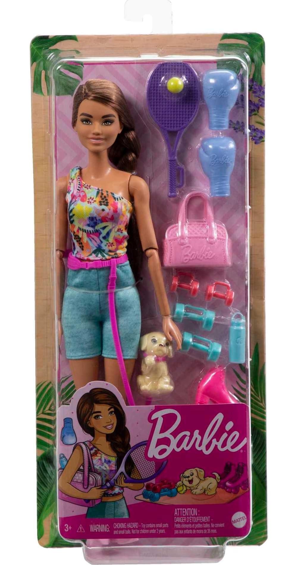 Barbie Barbie Self-Care Doll, Brunette Posable Workout Doll with Puppy and Accessories Including Roller Skates & Tennis Rackets