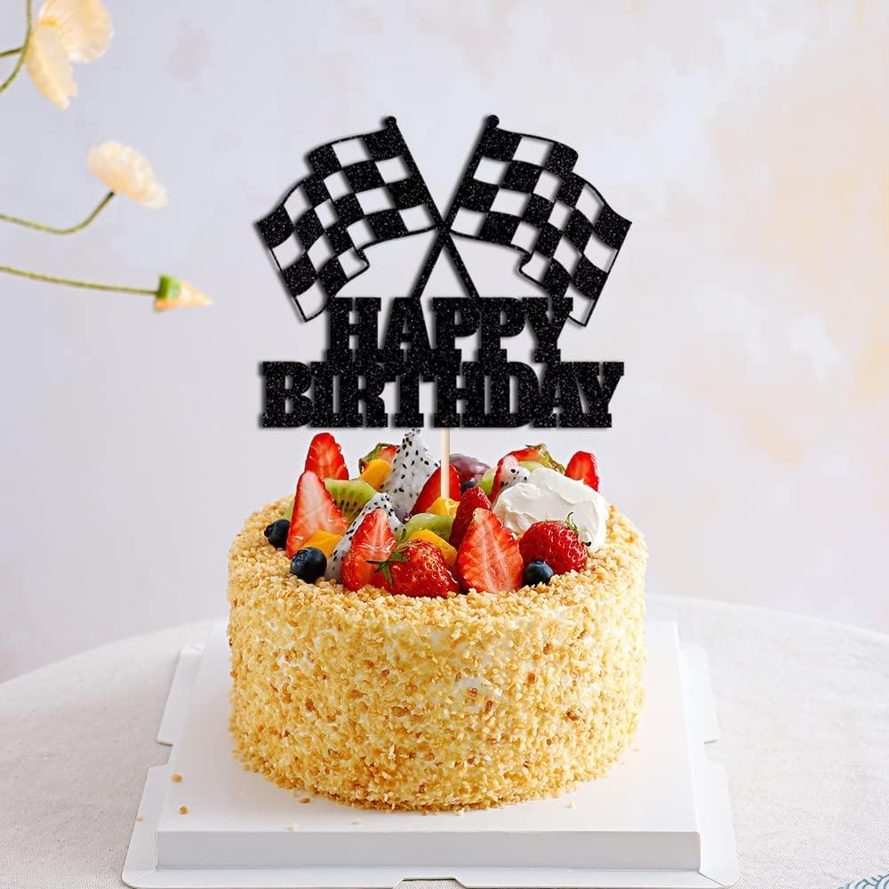 WRACKKIAR WRACKKIAR Race Car Cake Topper - Checkered Flag, Glitter, Happy Birthday Theme Cake Decor