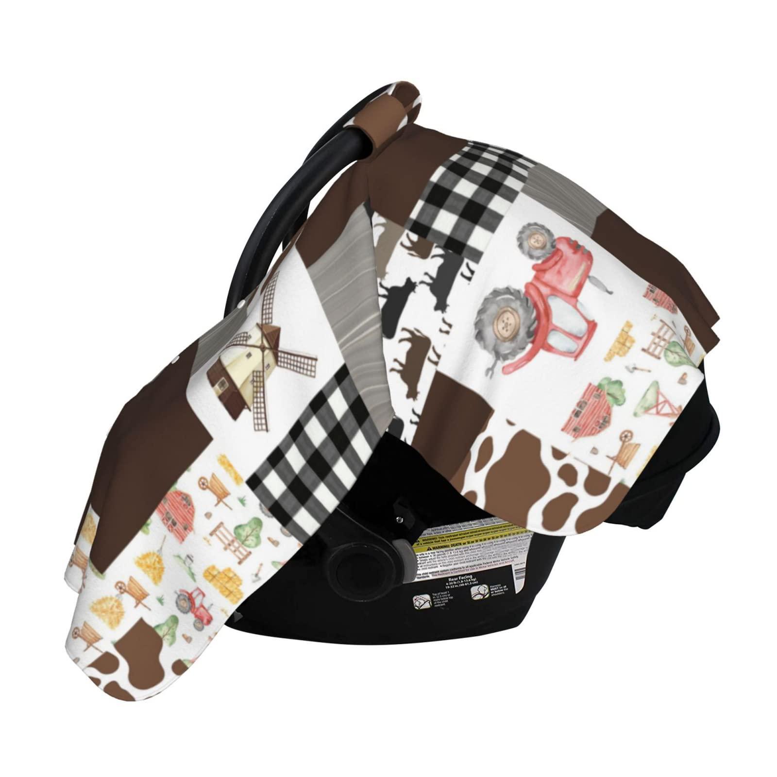 Munific Personalized Watercolor Farming Tractor Baby Car Seat Canopy for Babies with Name, Custom Car Seat Covers for Girls Boys, Peekaboo Opening Minky Nursing Cover Infant Car Seat Canopies for Newborn