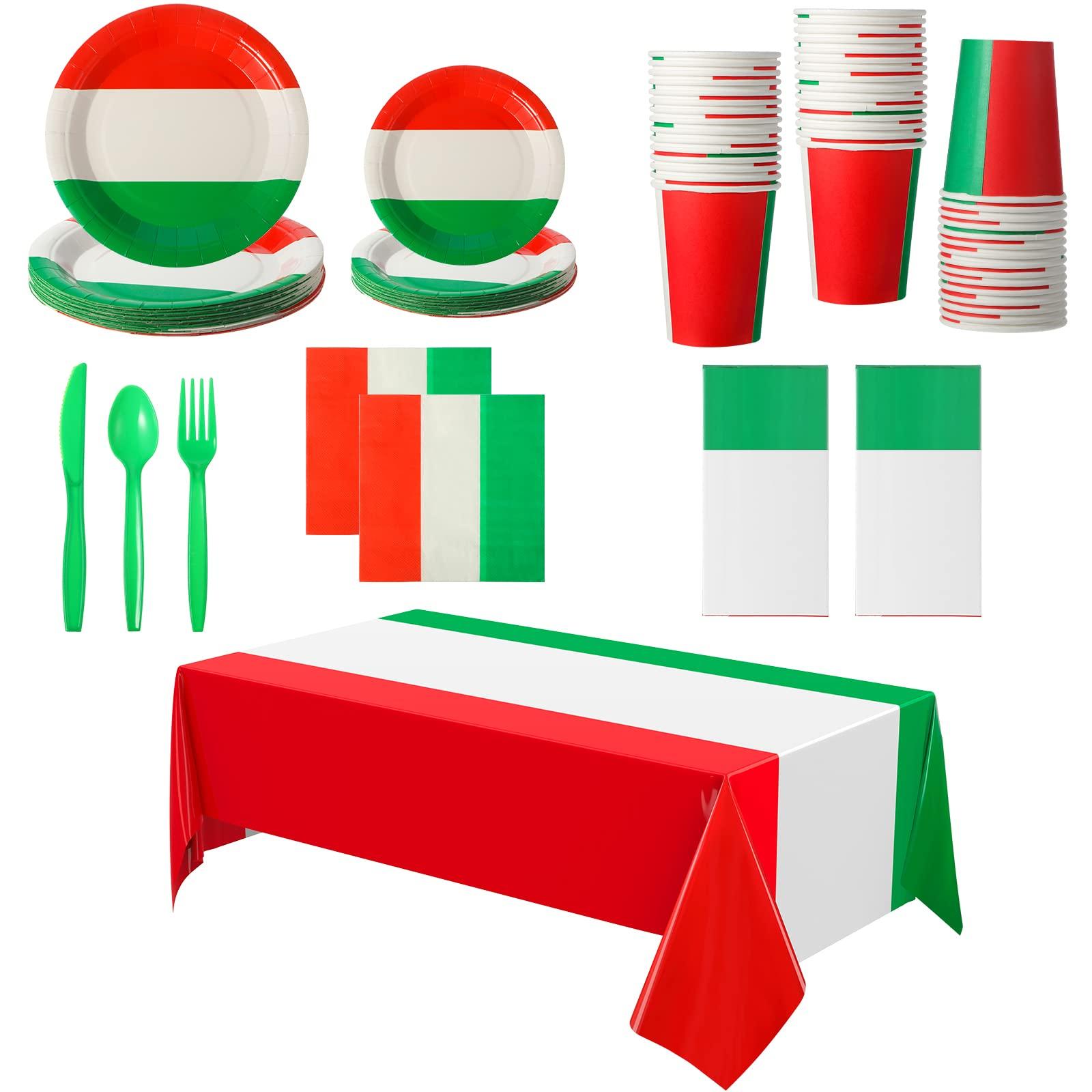 Oudain Oudain 162Pcs Italian Dinner Party Decorations 2 Italian Flag Rectangular Tablecloth Mexican Flag Decorations Italian Themed Tableware Red White and Green Party Decorations Italian Dinner Plates Set