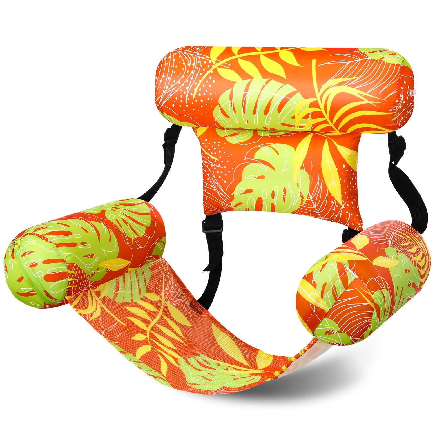 Sonwyoung Sonwyoung Inflatable Pool Floats Chairs Adult Floating Lounge Chairs Adjustable Hammock Water Floating Chair Swimming Tropical Plants Pattern for Party Summer Water Beach Lake Fun(Orange)