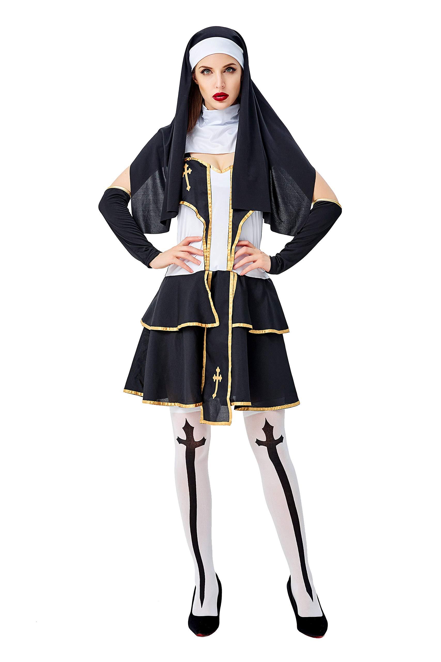 Halloween Costume Halloween Costume, Christian Missionary Pastor, Virgin Mary Sister, Role Play, Slip Dress (XL) Black/Gold