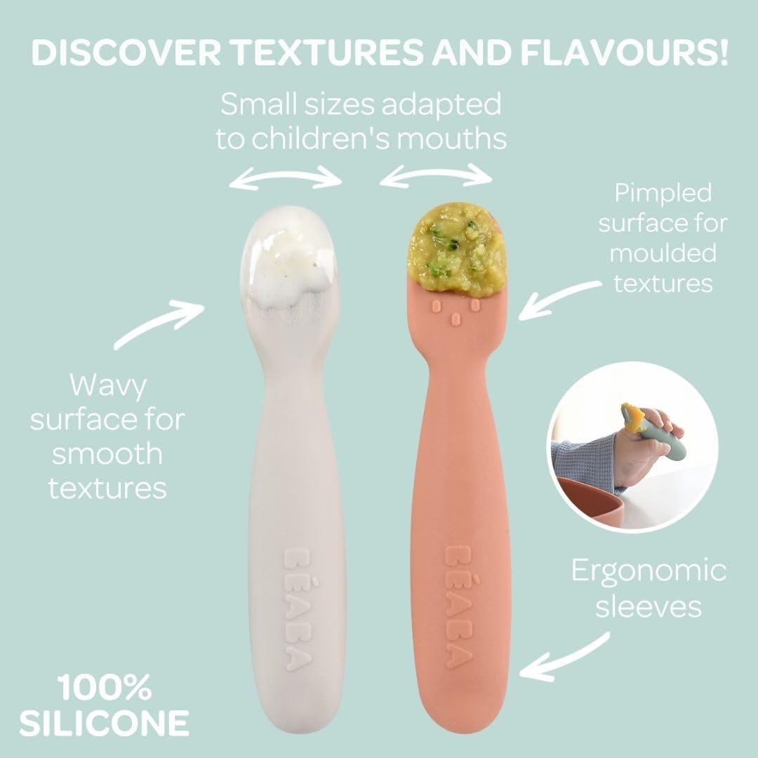 Baba BEABA Set of 2 Silicone Pre-Spoons, For Babies 4-8 Months, Ultra-Soft Silicone Spoons to Help with Self Feeding, Designed with Specialist, Baby Utensils, Sage/Grey