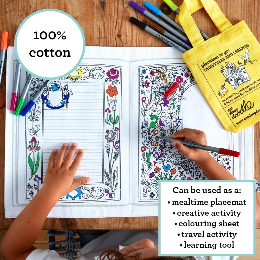 eatsleepdoodle eatsleepdoodle Fairy Tale placemat in its own Cotton Carry Bag to Color-in, Fun Educational Mythical Creature Storybook Coloring Placemat, Washable Felt tip Fabric Markers Included