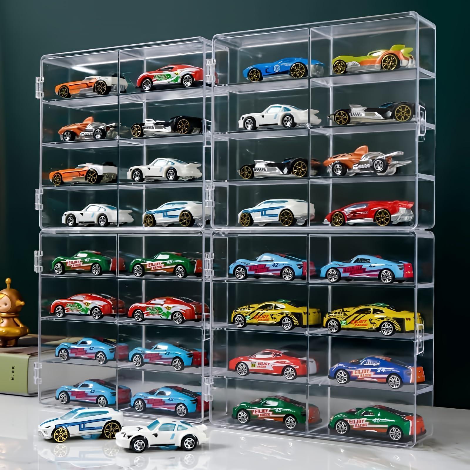 YAMAXUN Hot 1/64 Scale Matchbox Toy Car Display Box 4 Piece Toy Car Storage Box Holds Up to 32 Hot Wheels Cars, Clear Display Box with Clear Snap-On Dust Cover
