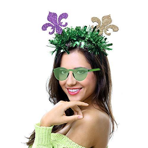 Holidaywoo Mardi Gras Accessory Set 2 Pieces Mardi Gras Headbands and 6 Pieces Mardi Gras Beads Necklaces and 2 Pair Mardi Gras Glasses