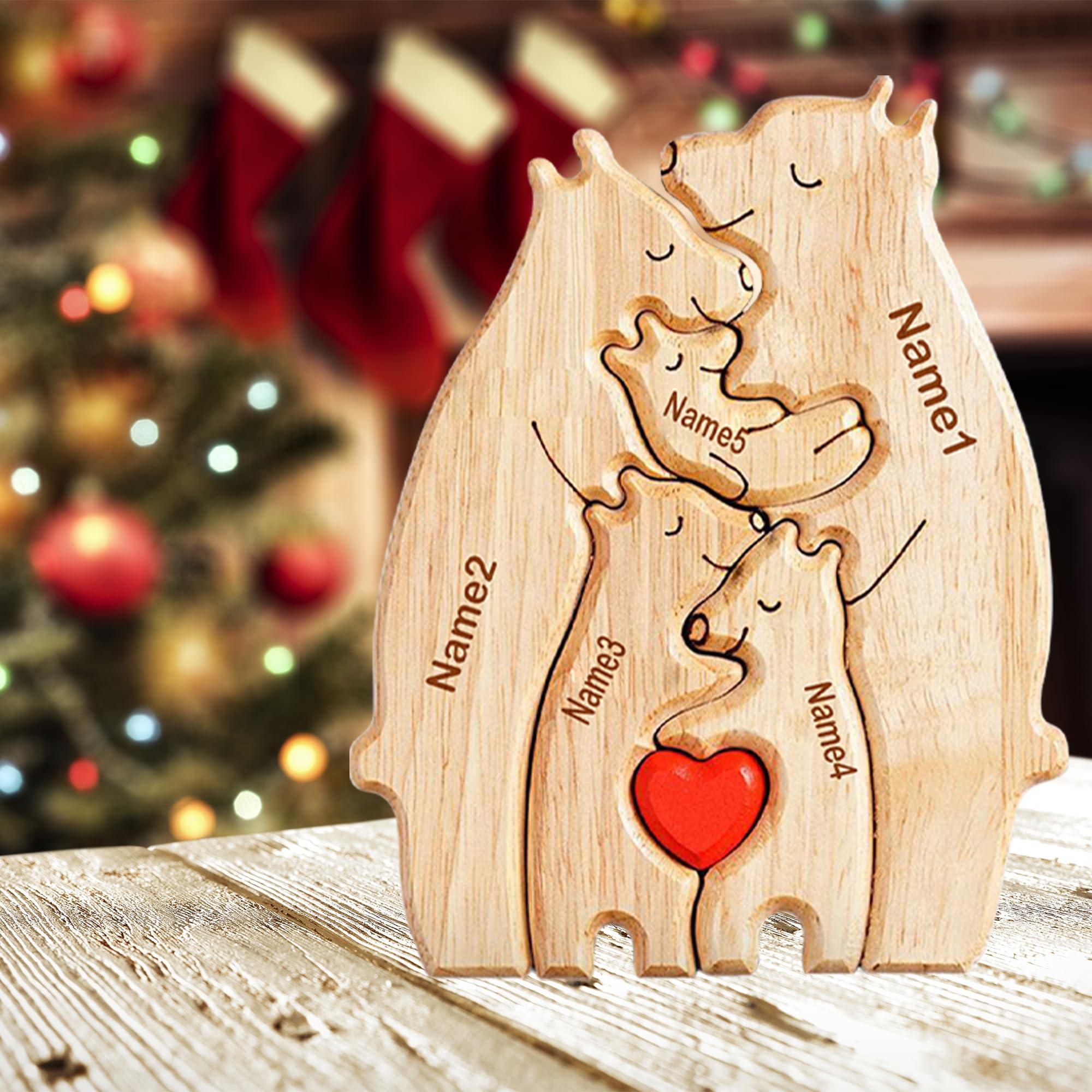 WHIMCHOIT Personalized Wooden Bear Puzzle with 3-5 Family Name Custom Family Name Sculpture Customized Family Name Sign Gifts Wooden Animal Family Puzzle for Home Decor and Anniversary Birthday Mom Dad Gifts