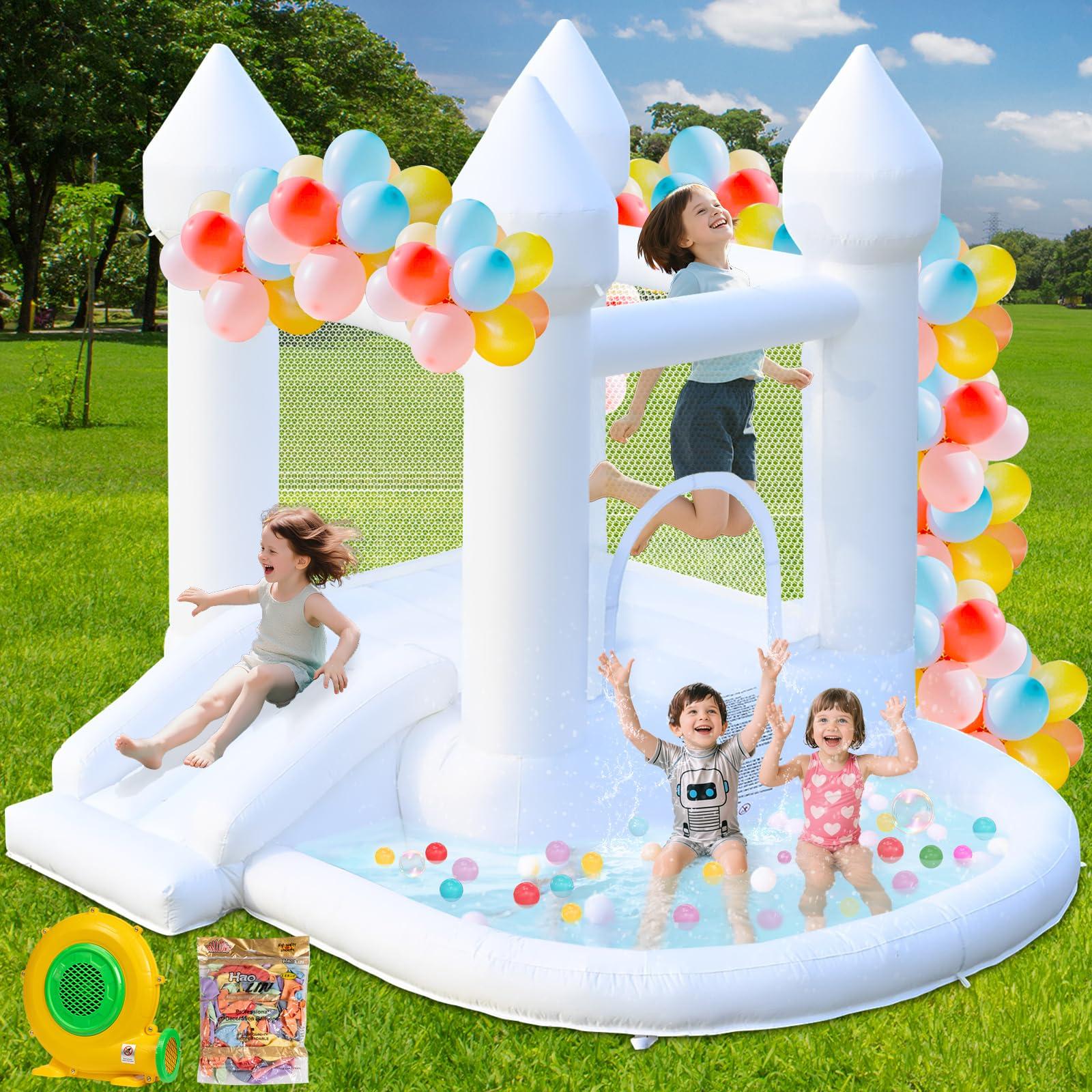 FOOING FOOING White Bounce House, Inflatable Bounce House with Air Blower, Jumping Castle Bounce House with Ball Pit for Party, Wedding, Backyard Easy to Set Up, Safe for Family