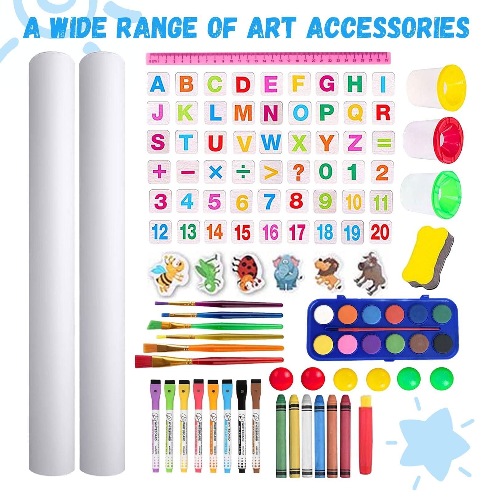 Hereinway Easel for Kids Including 100+ Accessories - White Board for Kids and Black Board Double Sided Adjustable Wooden Kids Easel with 1 Drawing Paper Roll Wooden Magnetic Drawing Board for Kids
