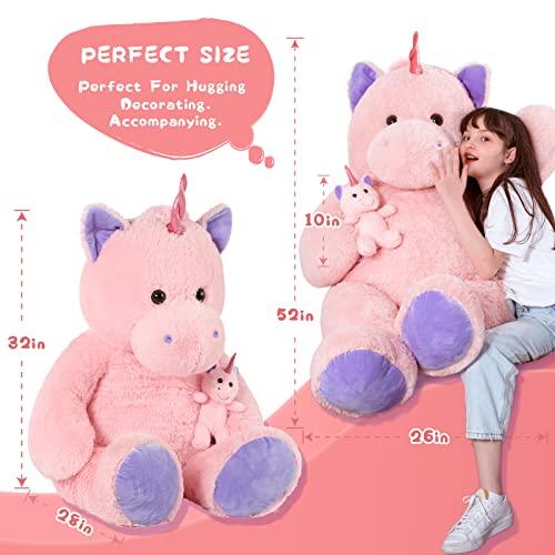 MorisMos MorisMos Giant Stuffed Unicorn 4 Foot, 51\'\' Giant Unicorn Stuffed Animal, 2-in-1 Big Stuffed Unicorn & Baby Unicorn Doll, Pink Unicorn Stuffed Animal for Girl Kid on Birthday Christmas Valentine\'s Day