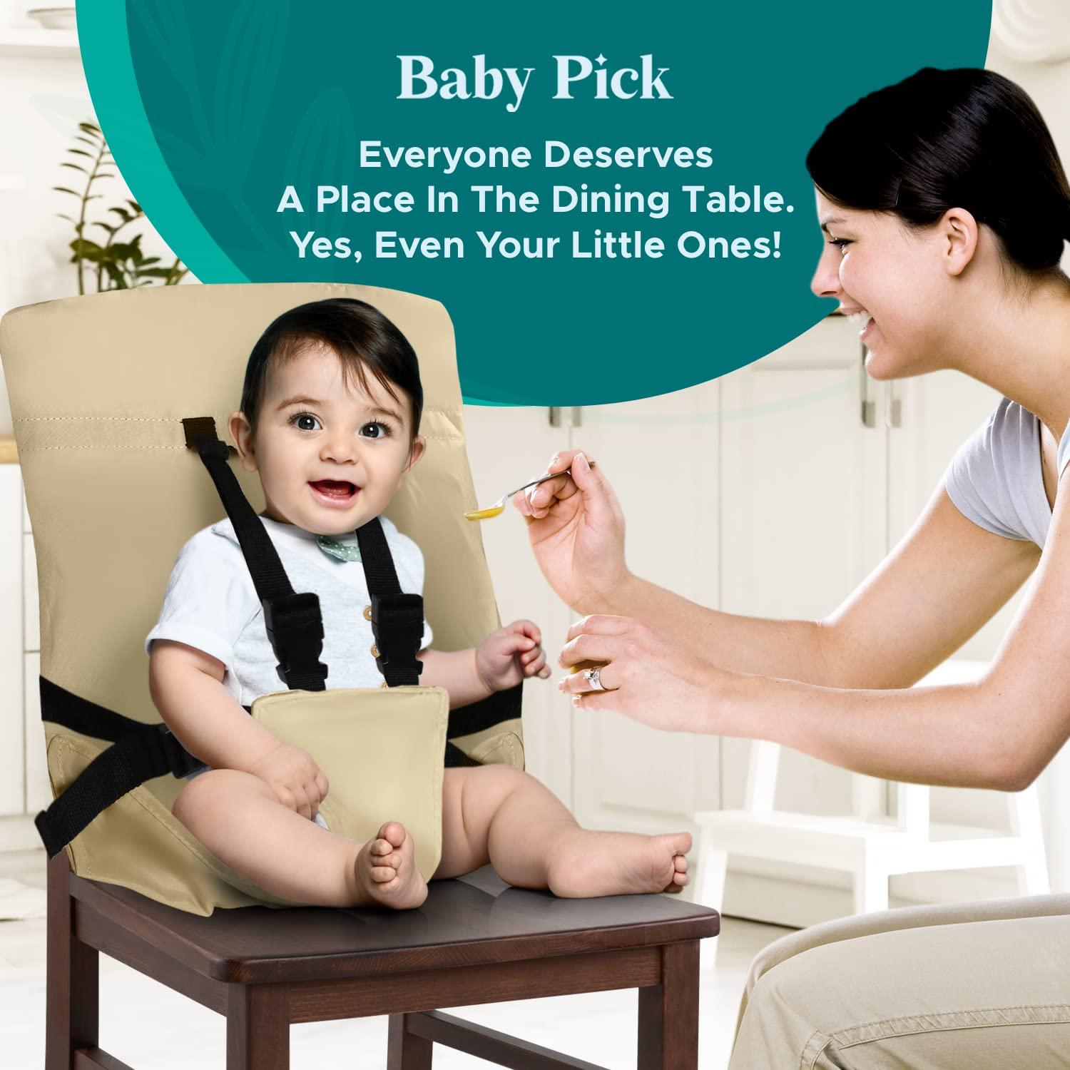 Baby Pick Portable High Chair by Baby Pick- Foldable High Chair for Travel with Adjustable Shoulder Straps- Compact Harness Seat for Babies & Toddlers- Easy to Use Washable Feeding Safety Seat- Beige
