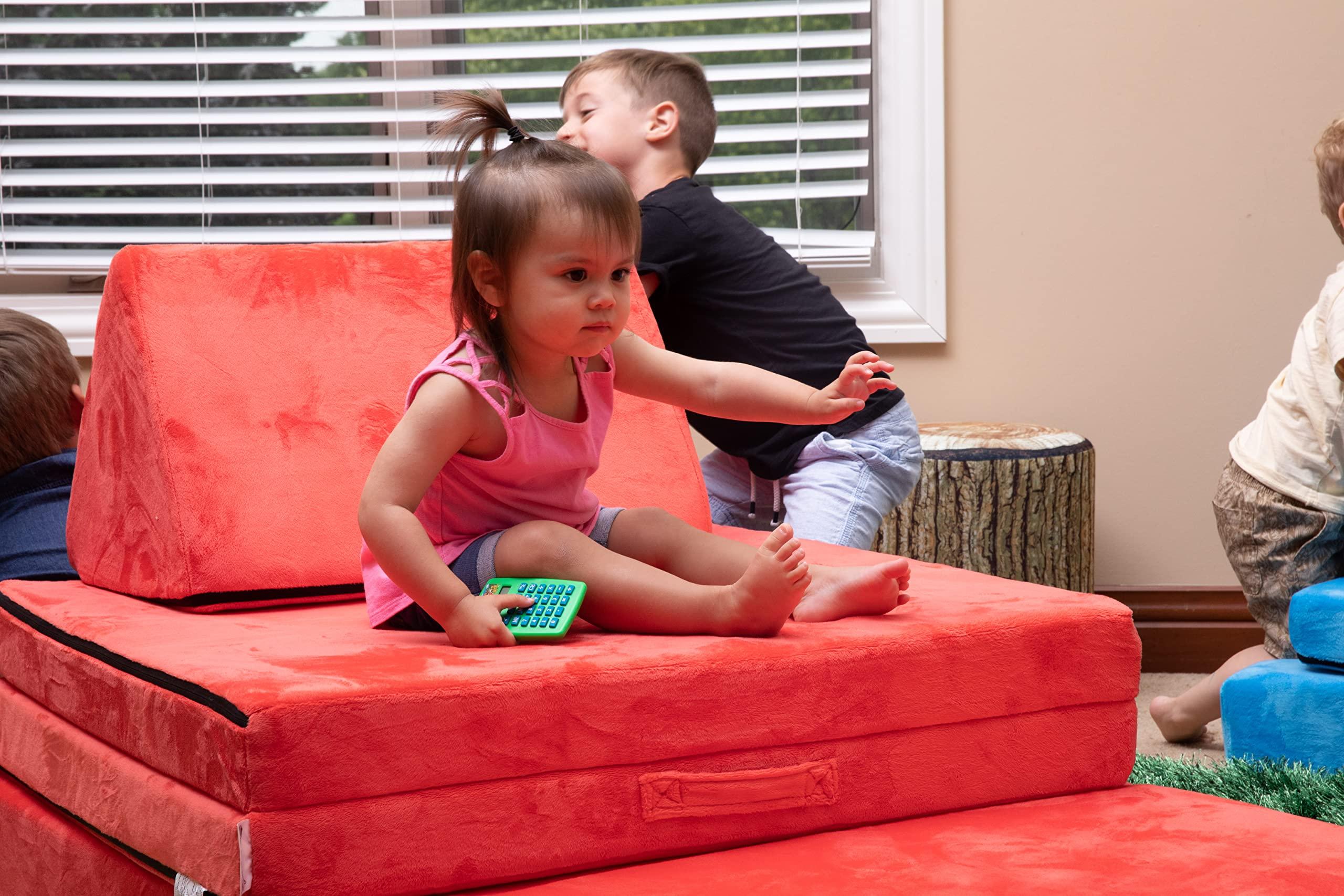 JOEY CO. Kids Foam Play Couch 6PCS, Modular Floor Sofa for Kids and Adults, Playhouse Play Set for Toddlers (32\" x 66\" x 22.25\") (Cherry - Cuddle Fur)