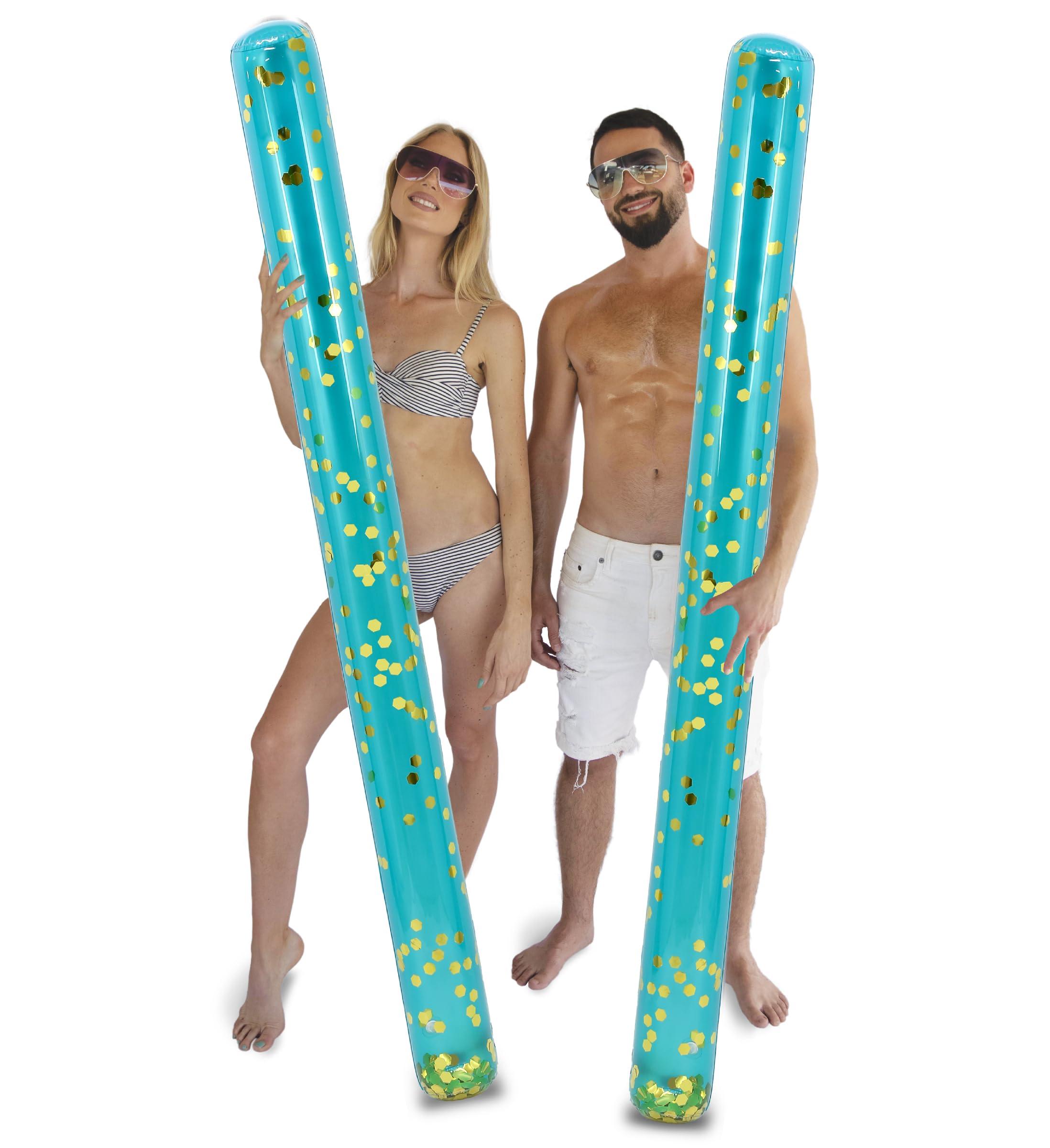 POZA POZA 2 Pack Jumbo Inflatable Pool Noodle Floats - 74-inch Premium Luxurious Giant Pool Noodle Inflatable Floats, Sparkle Blue Gold Glitter Confetti Pool Float Inflatable Noodles for Ocean, Lake, Beach