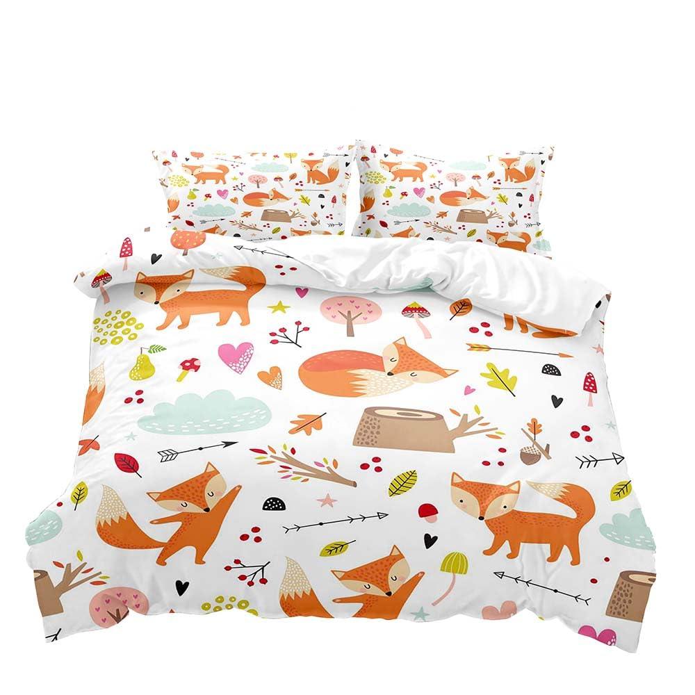 LUVIVIHOME LUVIVIHOME 3PCS Cute Fox Bedding, White Duvet Cover Full, Baby Girls Boys Toddler Kids Bedding, Cartoon Woodland Animals Wildlife Fox Comforter Bedspread Quilt Cover, Cute Room Decor, 2 Pillow Shams