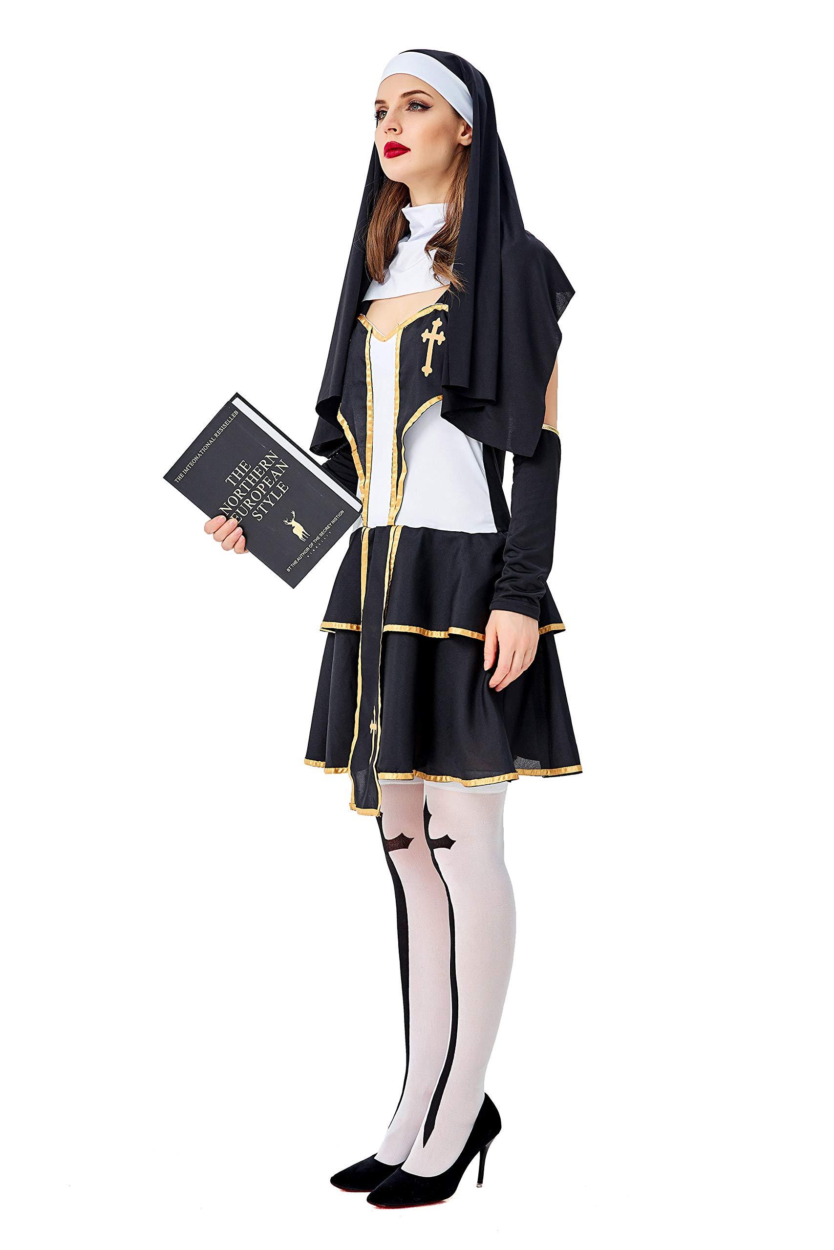 Halloween Costume Halloween Costume, Christian Missionary Pastor, Virgin Mary Sister, Role Play, Slip Dress (XL) Black/Gold