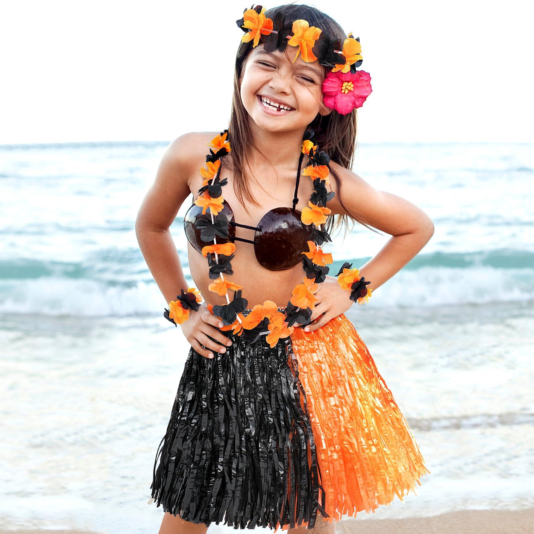 Fortuning\'s JDS Fortuning\'s JDS Girl\'s Hawaiian Hula Grass Skirt for Party Outfits Kids Flowers Costume for Luau Tropical Beach Party Decor