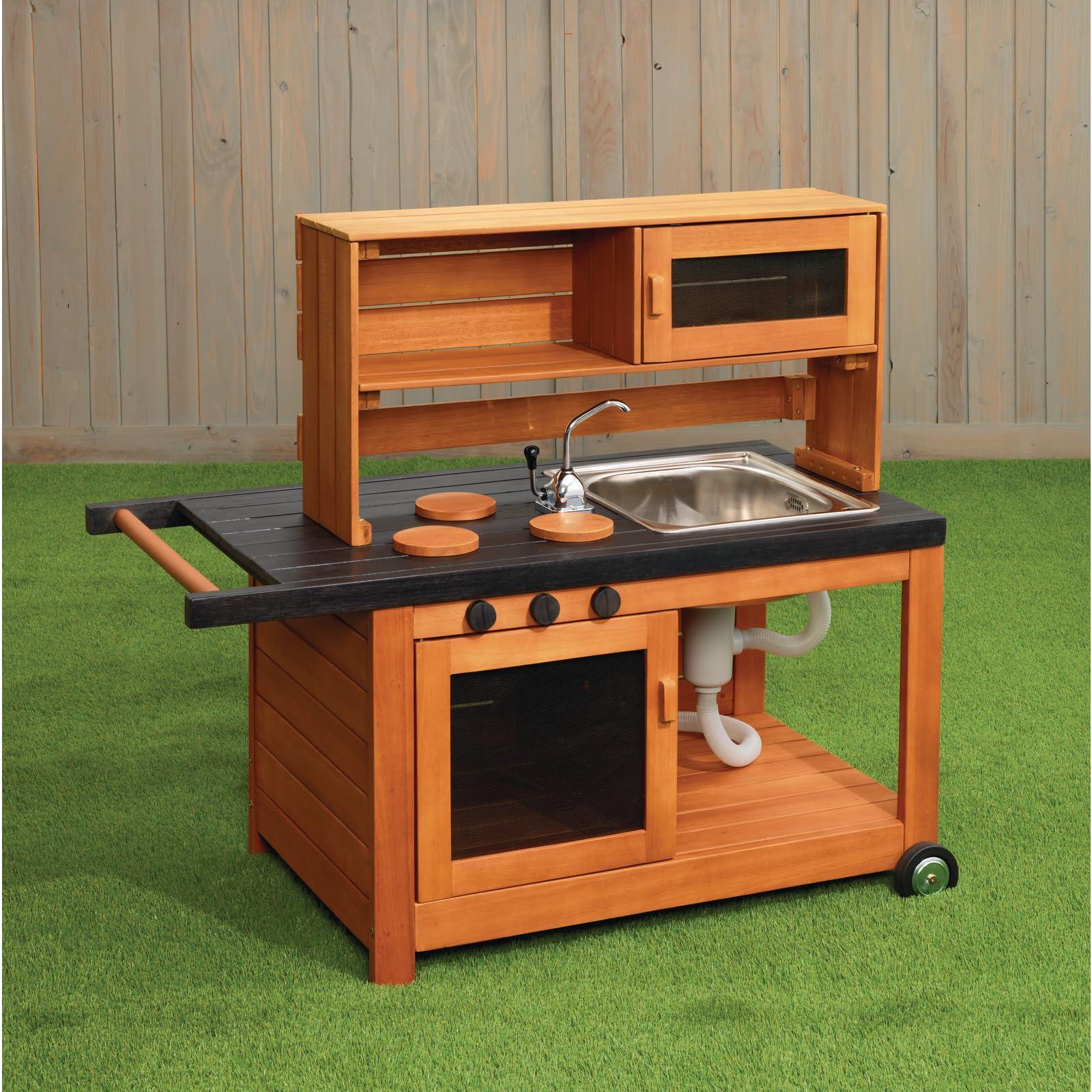Excellerations Excellerations Indoor-Outdoor Moveable Play Kitchen with Hutch, Sink, and Working Pump Faucet for Preschoolers, Outdoor Learning, Dramatic Play, Cooking Pretend Play