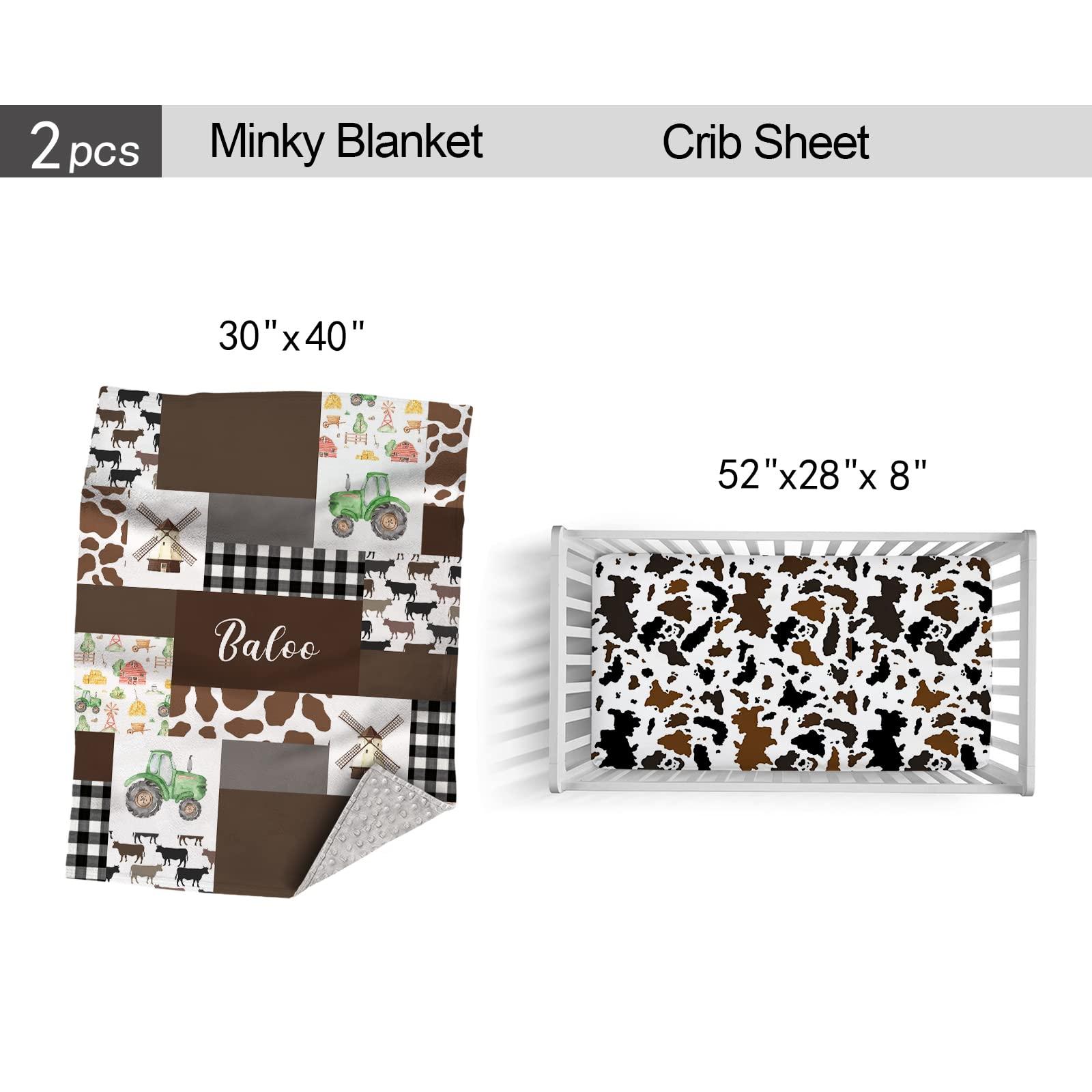 Munific Munific Farm Bedding Set for Boys and Girls, 2 Piece Custom Crib Bedding with Name, Cute Cow Plaid Comforter, Crib Fitted Sheet