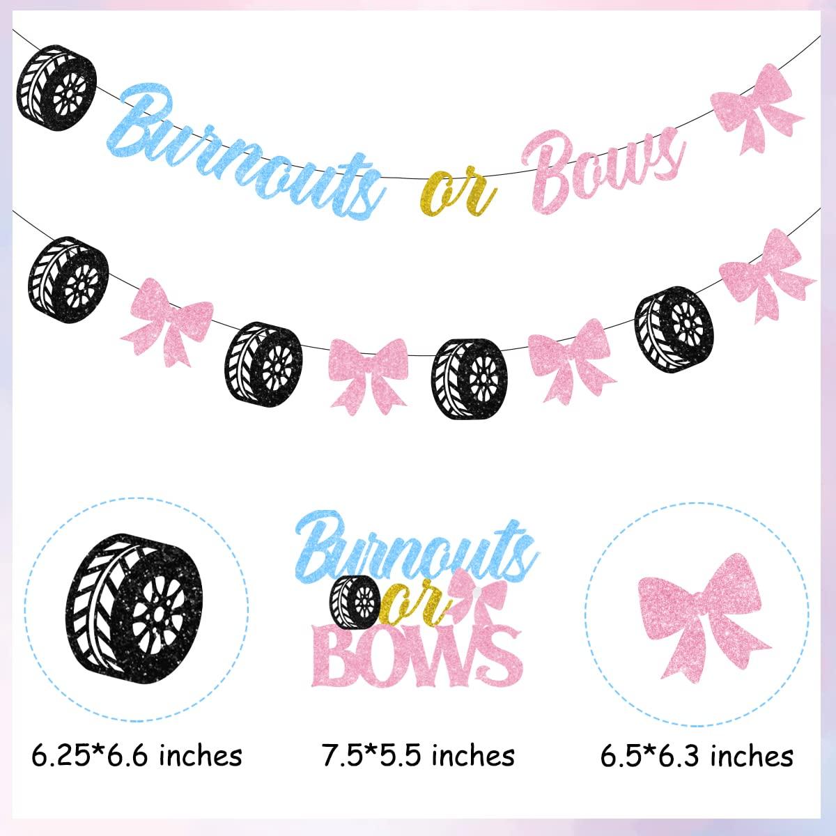 Balterever Burnouts or Bows Gender Reveal Decorations Bunting He or She Blue Pink Banner Cake Topper for Baby Shower or Pregnancy Announcement