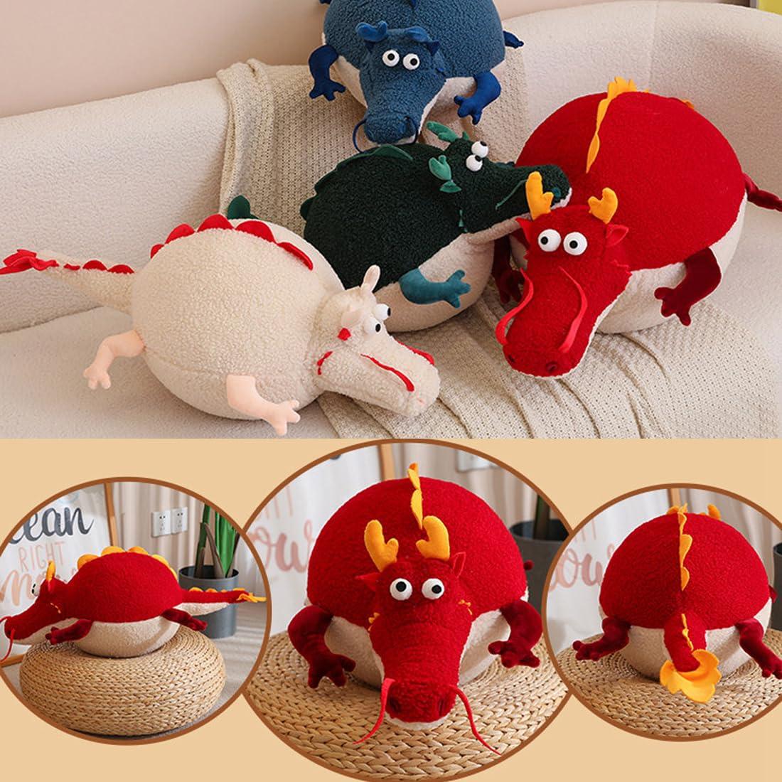 ELAINREN ELAINREN Chubby Chinese Dragon Plush Toy Cartoon Red Chinese Dragon Stuffed Body Pillow,Cute Round Dragon Lion Plushie Dino Dragon Gifts New Year/Xmas, 23.6\'\'