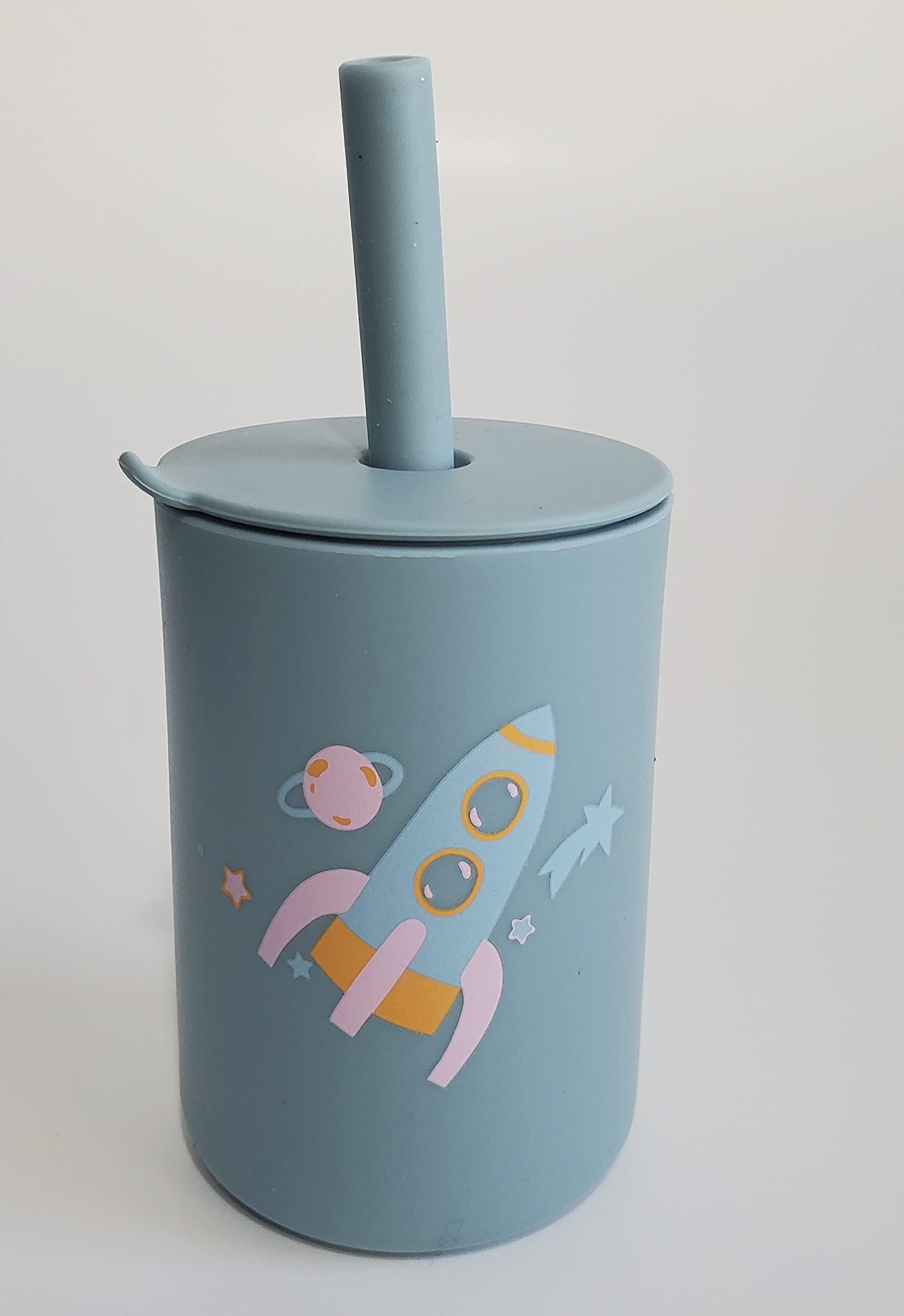 ToysCentral Basics Toddler Cup, Silicone Training Cup Sippy Cup with Straw, Non-Slip, NO BPA, Unbreakable, Trainer Cup for Babies Toddlers and Infants (Dusty blue w/ rocket)
