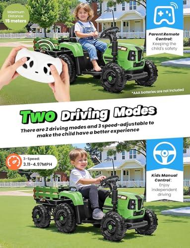 Feetice Tractor Toys, Ride on Tractor with Trailer, 24V 400W Powered Electric Tractor Remote Control, Music Bluetooth and USB Support, Electric Car for Kids, 3 Speed Adjustable, Two-Point Safety Belt, Green
