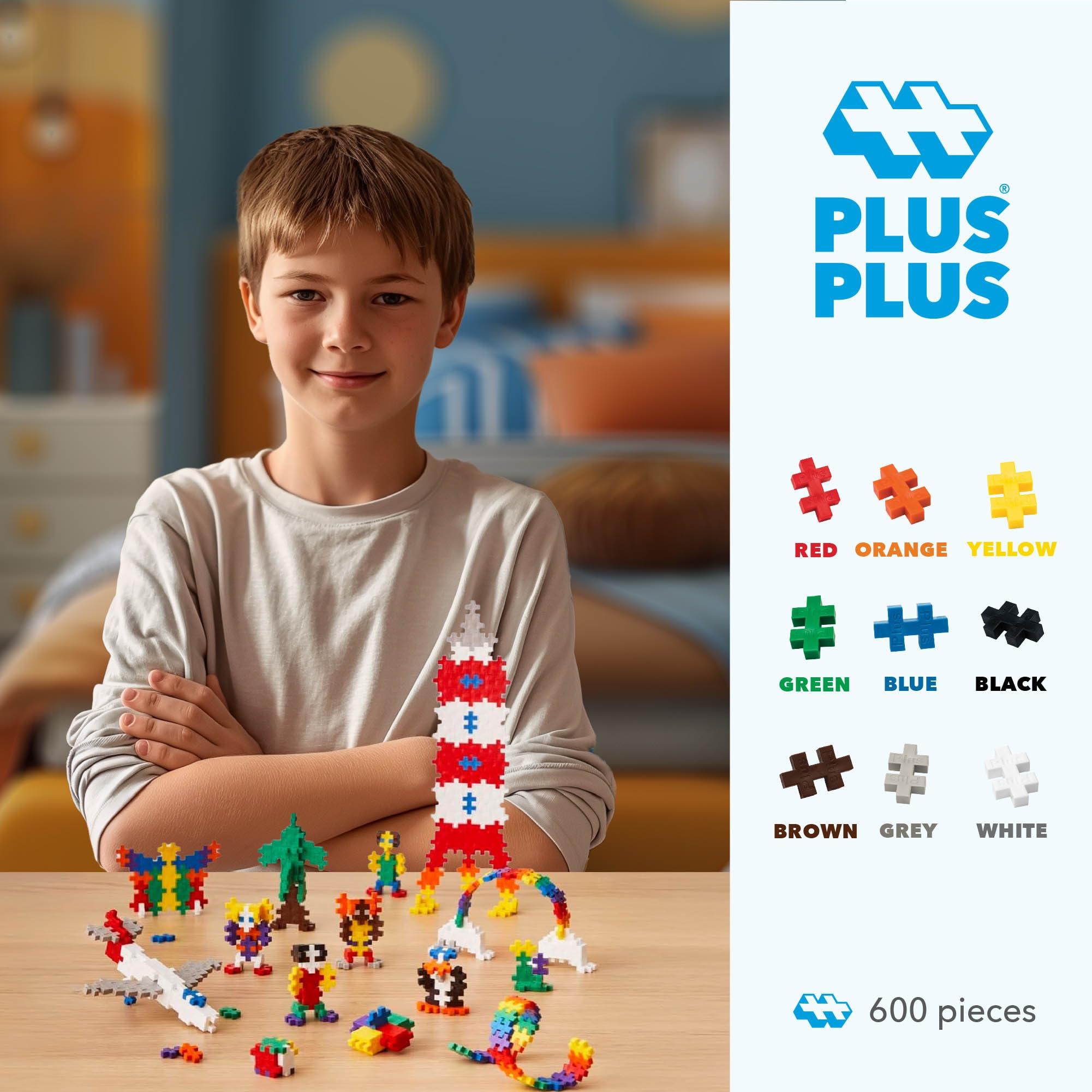 PLUS PLUS PLUS PLUS - Open Play Set - 600 Piece - Basic Color Mix, Construction Building Stem Toy, Interlocking Mini Puzzle Blocks for Kids