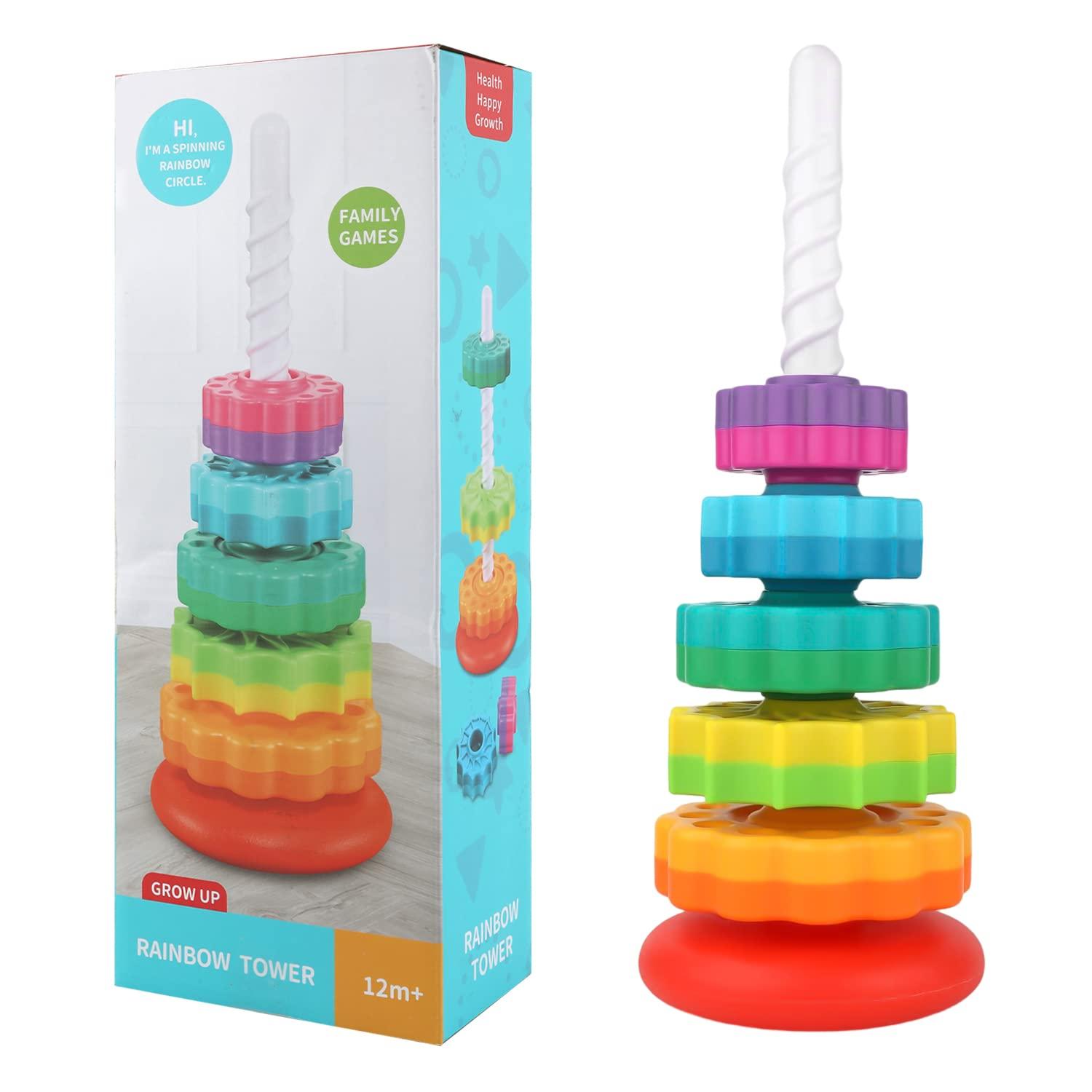 TOYMIS Spinning Stacking Toys, Rainbow Tower Stacker Interesting Rainbow Spinning Wheel Toy BPA Free Early Education Kids Brain Development Toys Family Games for 12 Months +, Develop Cognition Ability