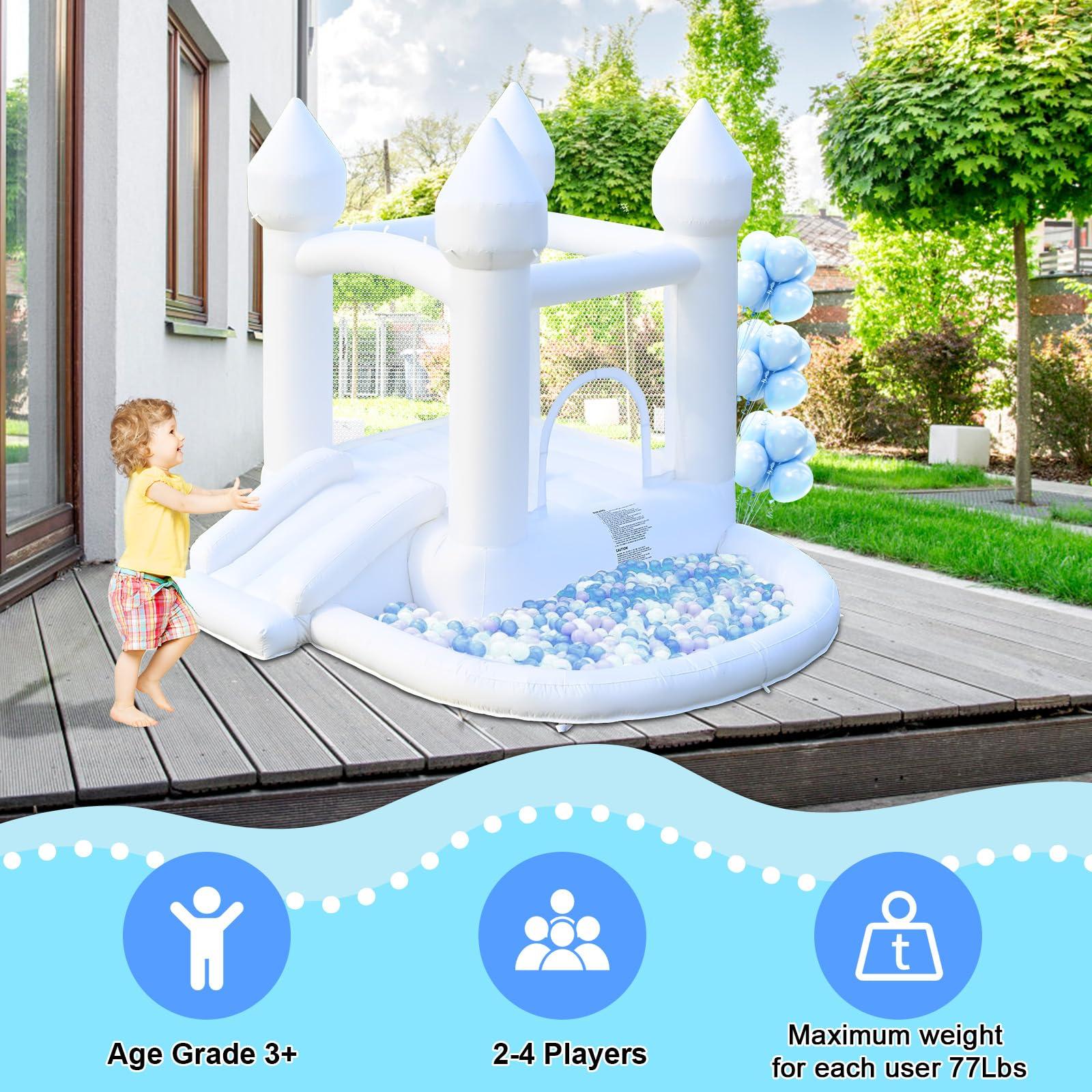 FOOING FOOING White Bounce House, Inflatable Bounce House with Air Blower, Jumping Castle Bounce House with Ball Pit for Party, Wedding, Backyard Easy to Set Up, Safe for Family