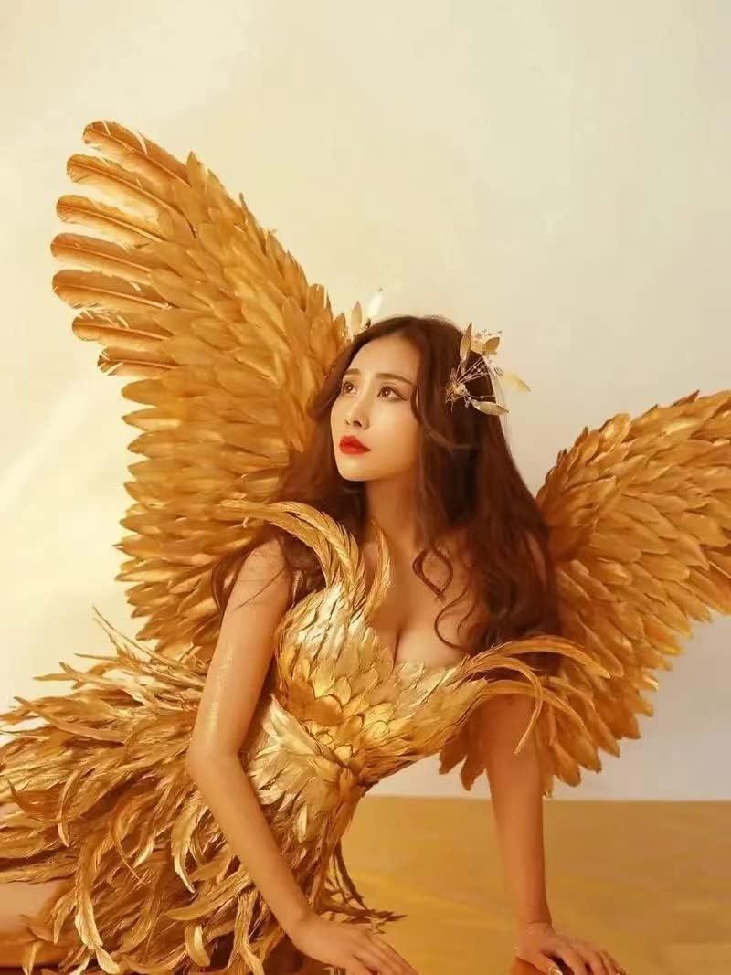 HoHoHuo HoHoHuo Gorgeous Gold Feather Fairy Wings Costume For a Luxurious Show Outfit at Carnivals and Festivals