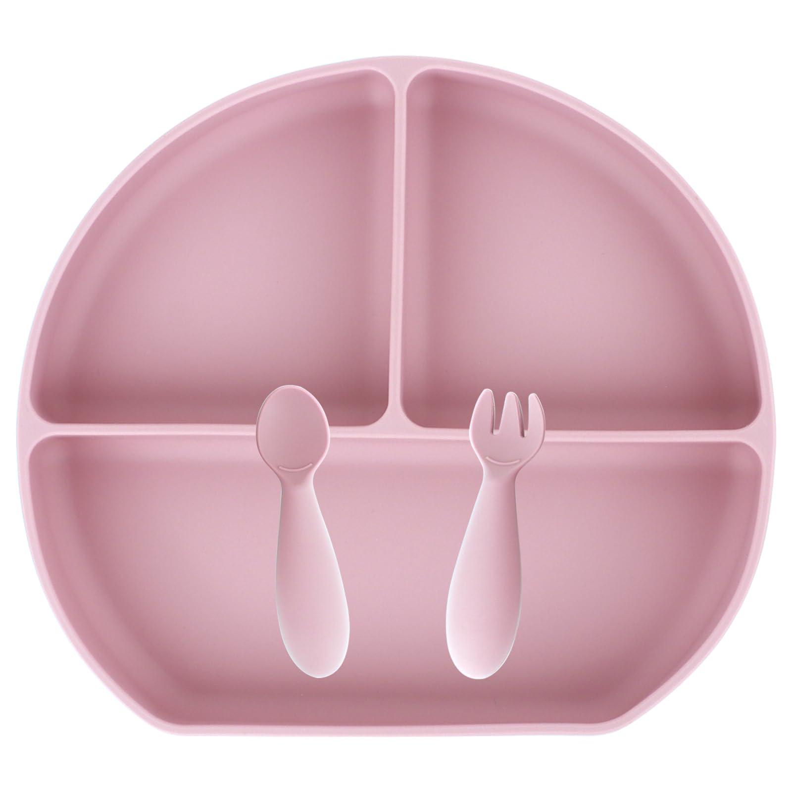 Nalchios Nalchois Silicone Kid Plate with Suction, Toddler Plates with Spoon & Fork, 100% Food-Grade Silicone Round Style, Non-Slip, Divided Plates for Toddlers & Kids, Dishwasher & Microwave Safe (Pink)