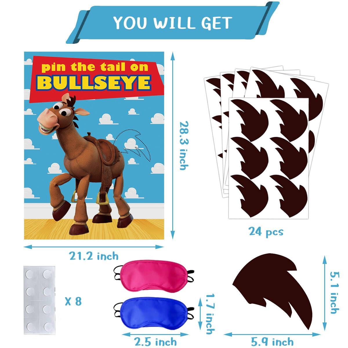 OULUN OULUN Toy Inspired Stories Party Supplies, Pin The Tail on The Bullseye Party Game, Large Poster 24PCS Reusable Tail Stickers for Kids Boys Birthday Party, Toys 4th Party Favors