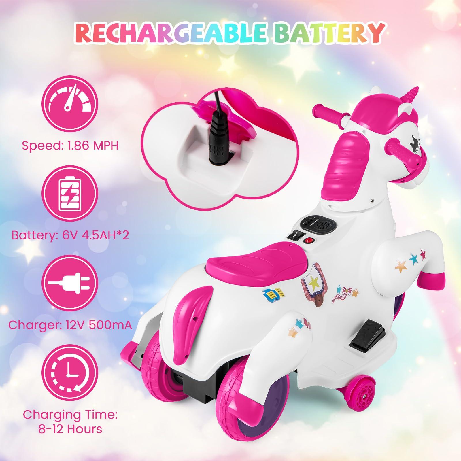 HONEY JOY HONEY JOY 12V Unicorn Ride on Toys, 3-Wheeler Battery Powered Motorized Ride on Horse w/Training Wheels, Music, Up & Down, Pony Electric Car for Kids, Gift for Boys Girls (Pink)