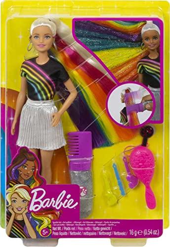 Barbie Barbie Doll, Rainbow Sparkle Hair with Extra Long 7.5-Inch Blonde Rainbow Hair, Sparkle Gel & Comb with Styling Accessories