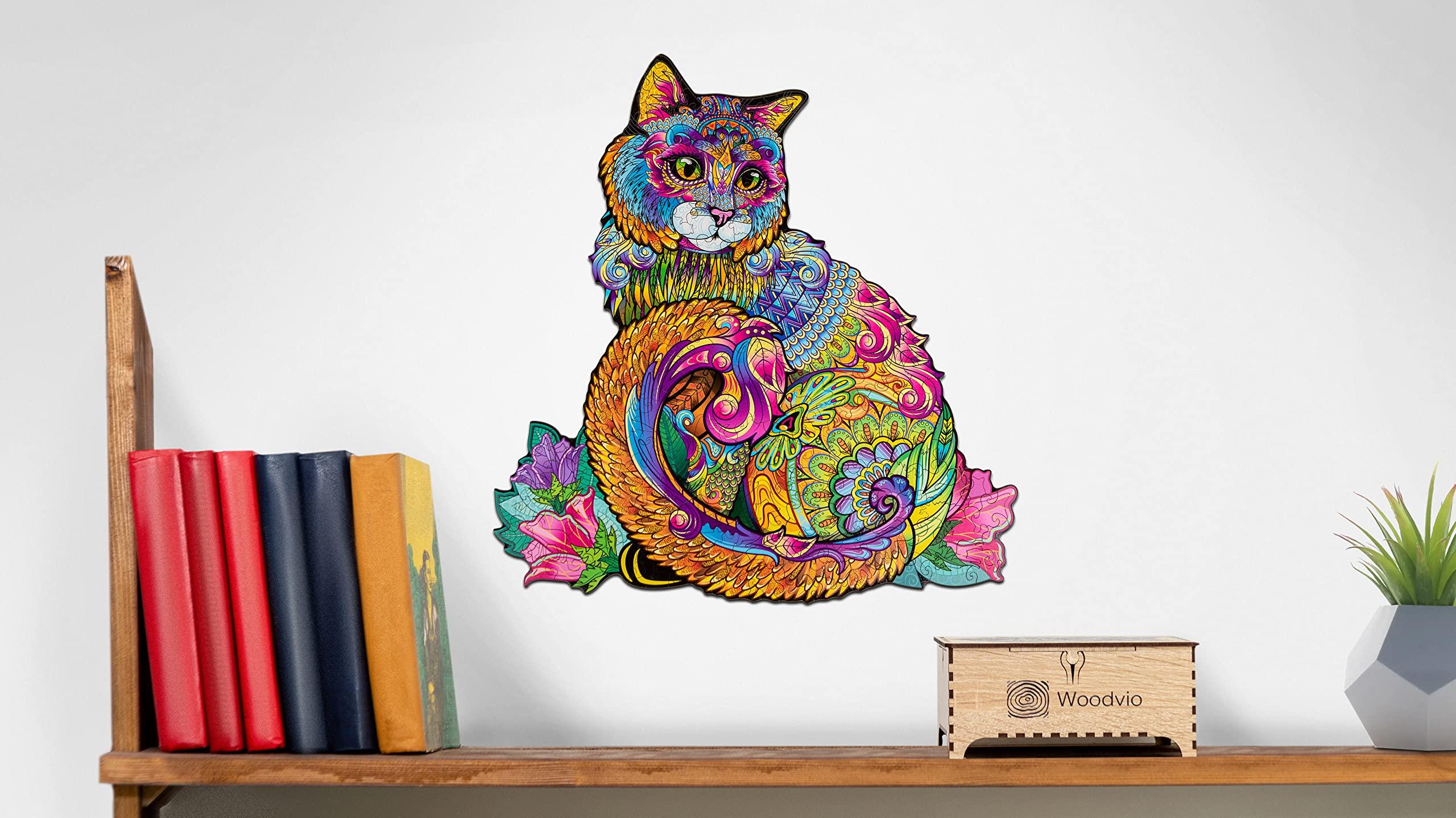 Woodvio WOODVIO - Wooden Jigsaw Puzzle for Adults and Kids - Cat, Animal-Shaped Fantasy Puzzle, 208 Unique Shaped Pieces, Size King (17.7\" x 16.9\")