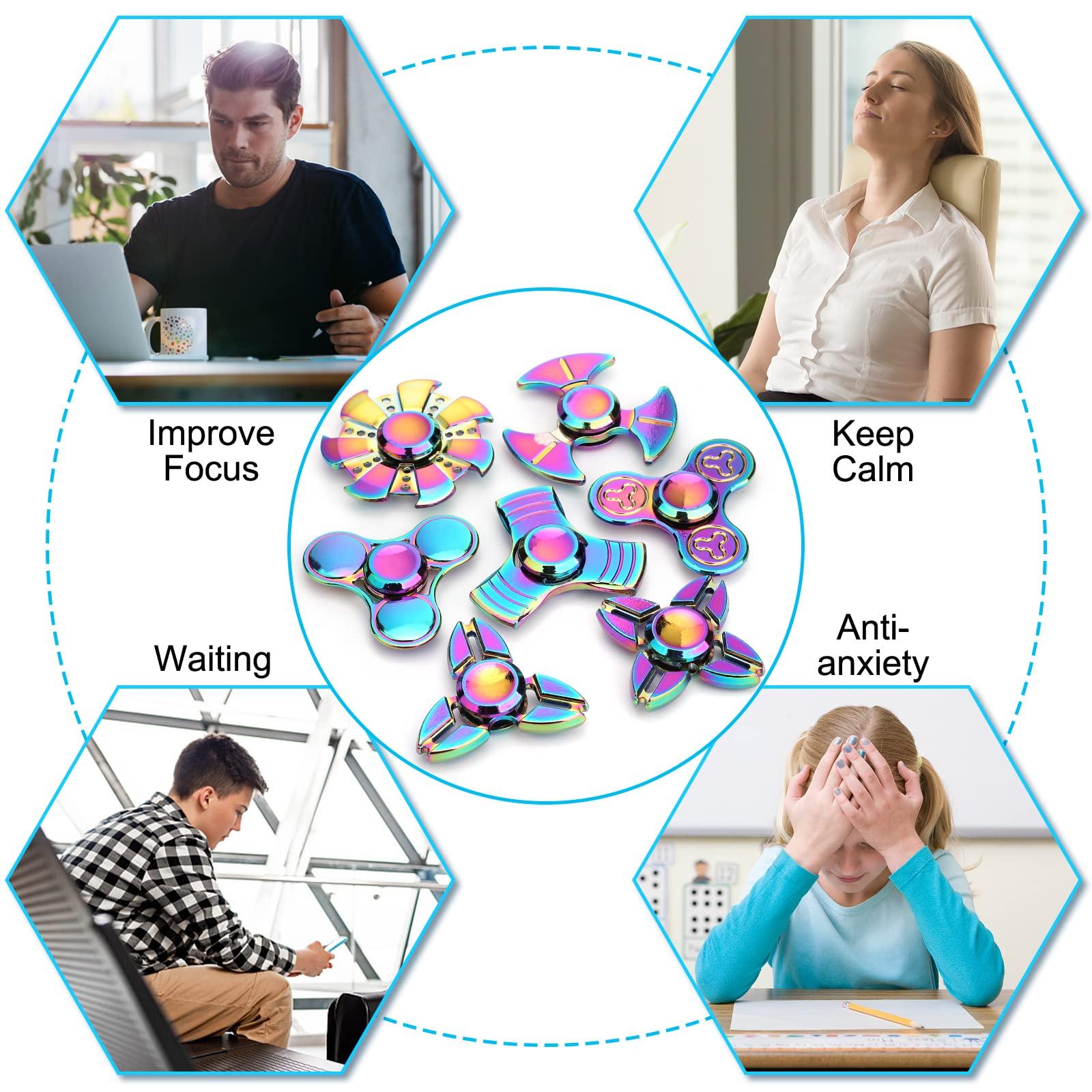 LNCOJOLM 7 Pack Rainbow Fidget Spinners Pack Stress Relief Toys for Kids Adults, Finger Hand Spinner Metal Fidget Bulk Set Desk Toy for Anti-Anxiety Focus, Cool Small Gadget Novelty Gifts Party Favor