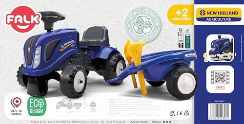 Falk Falk New Holland Tractor with Trailer, Rake and Shovel, 2 Sets of Stickers, Push Ride-On Toy for Toddlers +1 Year FA280C