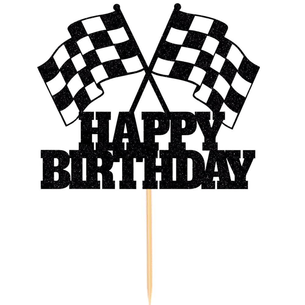 WRACKKIAR WRACKKIAR Race Car Cake Topper - Checkered Flag, Glitter, Happy Birthday Theme Cake Decor
