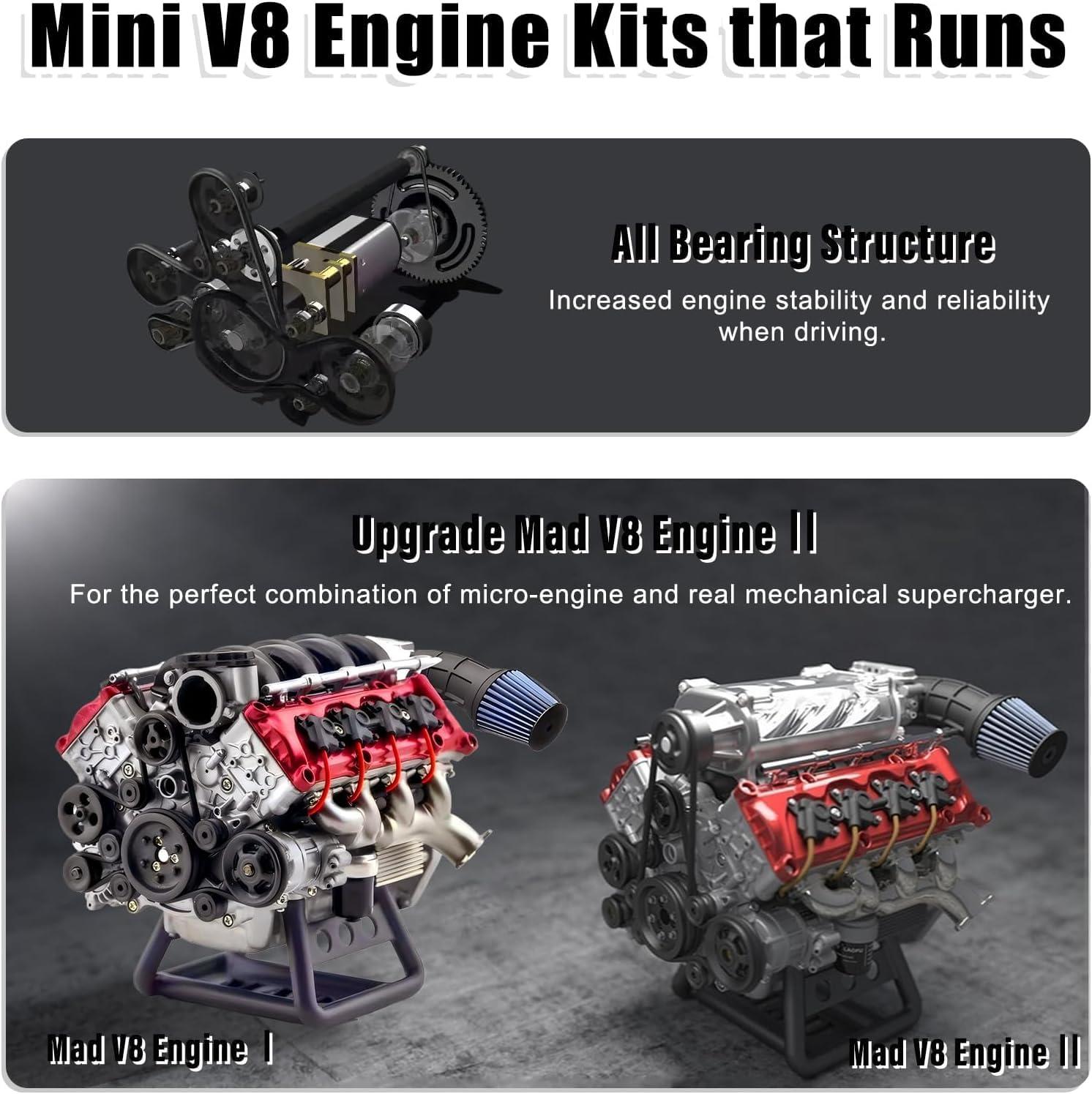 Generic Mini V8 Engine Kits That Runs, MAD Cison V8 Engine Kit Small Engine Building Kit for Adults to Build Suit for RC Cars AX90104 SCX10 Capra VS4-10 Pro/Ultra, Simulation Toy (V8 Engine+Supercharger)