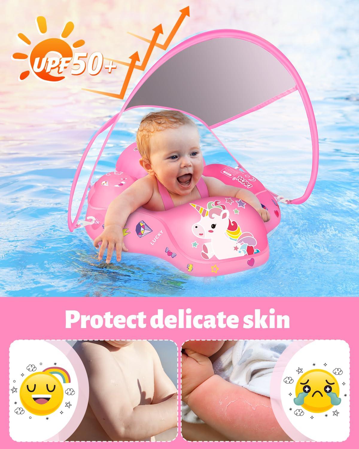LAYCOL LAYCOL Baby Swimming Float Inflatable Baby Pool Float Ring Newest with Sun Protection Canopy,add Tail no flip Over for Age of 3-36 Months (Unicorn, S)