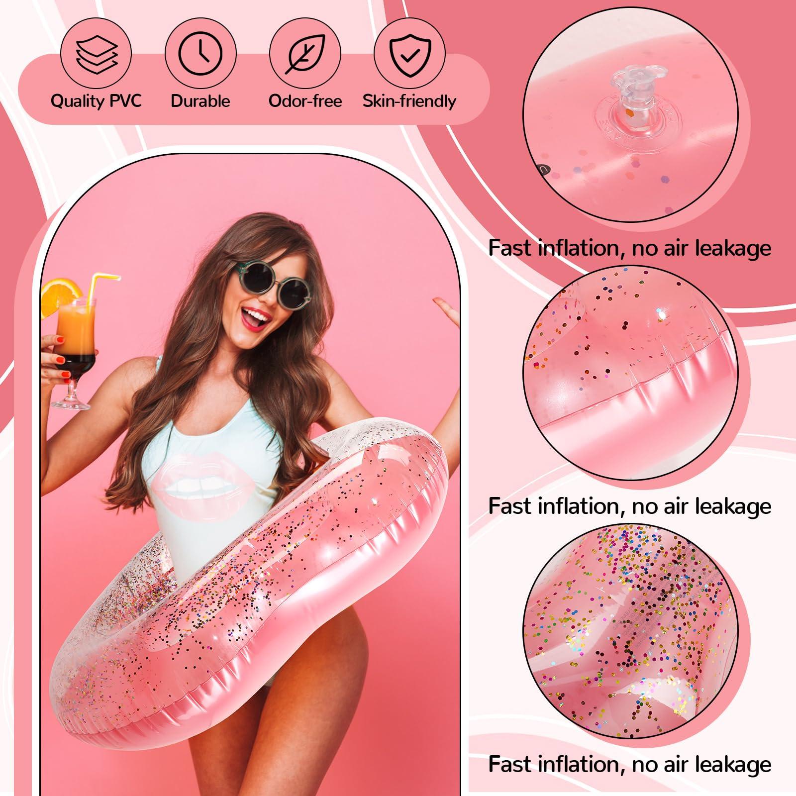 Lenwen Lenwen 6 Pcs Heart Pool Float, 43\"/31\" Inflatable Glitter Heart Floatie Tubes Heart Bachelorette Party Prop Heart Summer Swimming Ring for Wedding Betrothal Party Decor(Light Pink)