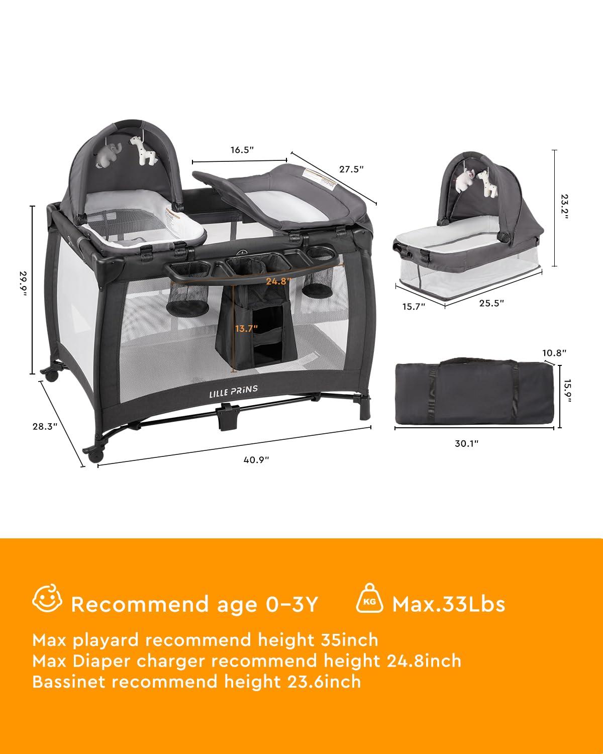 LILLEPRINS LILLEPRINS 4 in 1 Pack and Play with Bassinet, Diaper Changing Table for Newborn Infant, Portable Baby Playpen for Babies and Toddlers