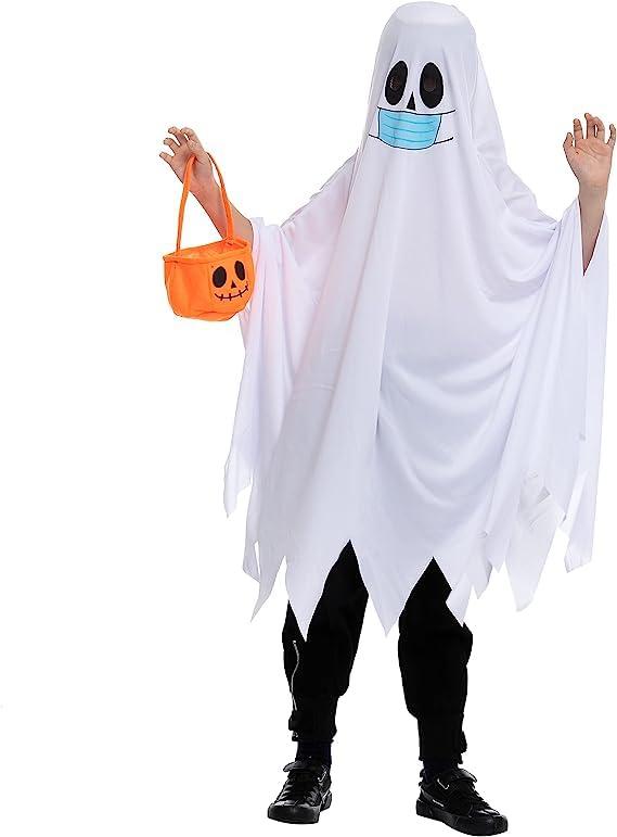 Spooktacular Creations Spooktacular Creations Halloween Child Friendly Ghost Costume with Pumpkin Bucket, Halloween Spooky Cloak Cape horror masks for Unisex Kids (Small (5-7yr))