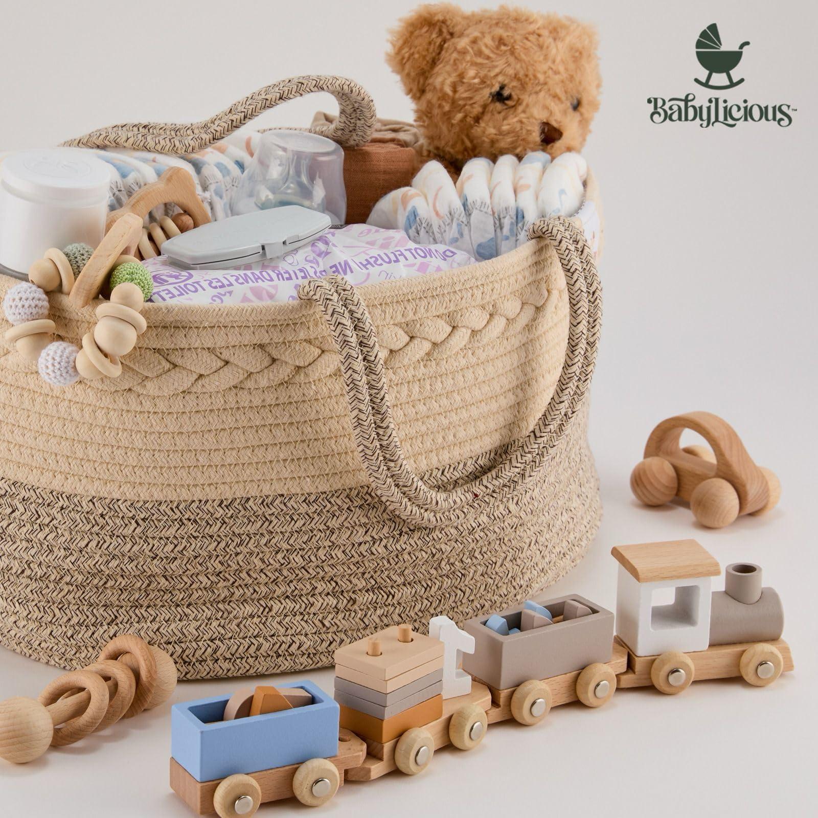 Babylicious Baby Diaper Caddy Organizer | Changing Table Organizer for Wipes and Diapers | Cotton Rope Diaper Organizer for Changing Table - Large | Newborn Essentials Must Haves for Parents - Sandy Beige