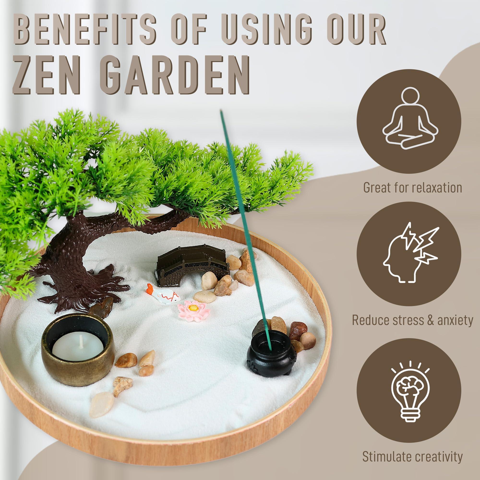 Timani Japanese Zen Garden for Desk - Zen Garden Sand Kit, Artificial Bonsai Tree, Rakes & Accessories - Japanese Decor Office Home Desktop Relaxation Sandbox Decor. 9.5\" Inches Wooden Round Tray
