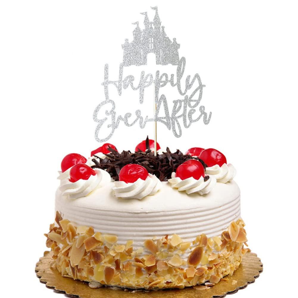 QXQXBA Happily Ever After with Castle Cake Topper Cinderella Castle Wedding Cake Decoor Engagement Bridal Shower Party Decorations Silver Glitter