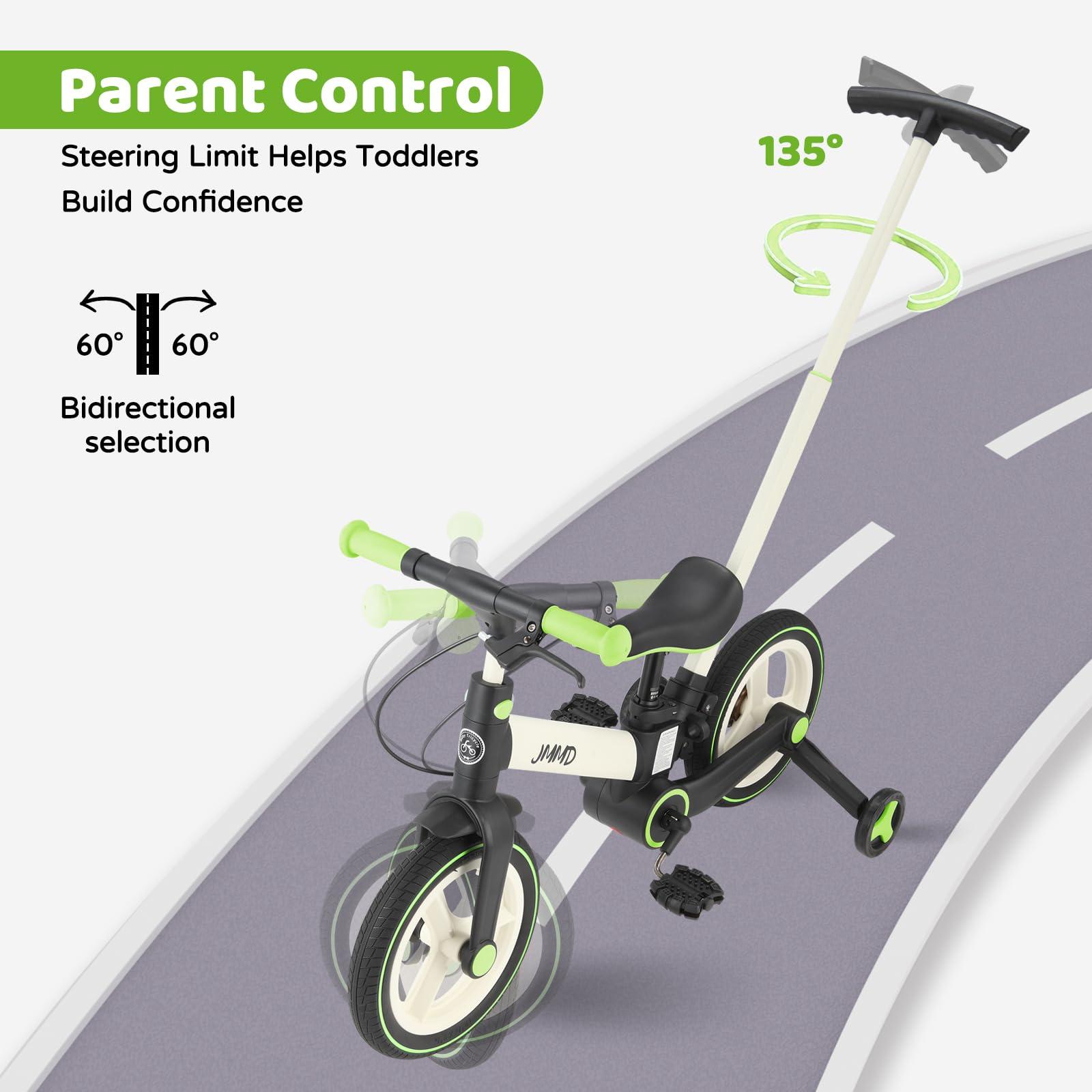 JMMD JMMD Toddler Bike with Push Handle for Kids 18-60 Months, 6 in 1 Foldable Push Bike with Training Wheels, Pedals, Brakes, Kickstand, Kid Balance Bike Gift & Toys for Boy & Girl, Green