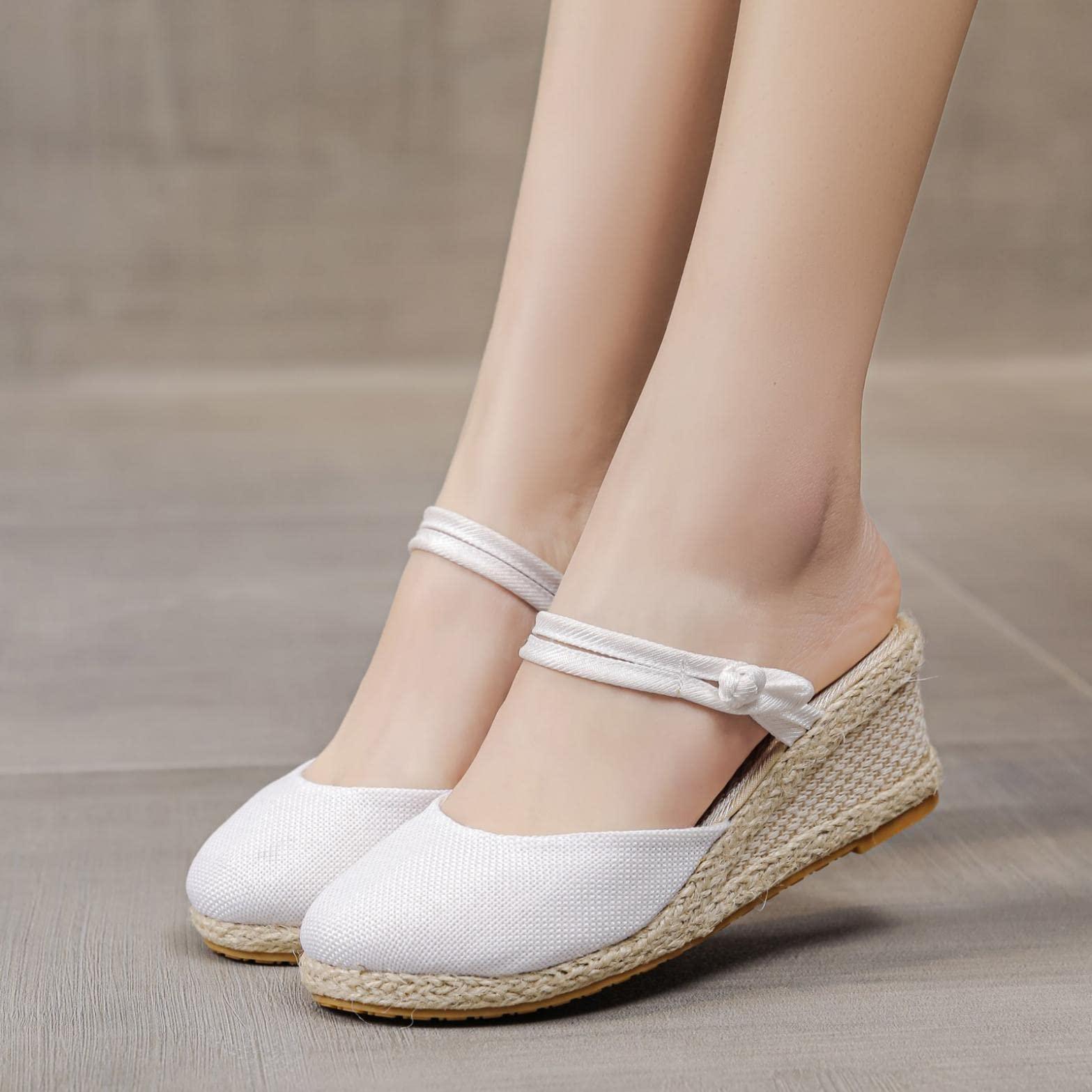 Hbeylia Hbeylia Wedge Platform Loafers for Women Ladies Fashion Casual Espadrille Vintage High Heeled Closed Round Toe Sandals Autumn Summer Elastic Cross Ankle Strap Beach Walking Shoes